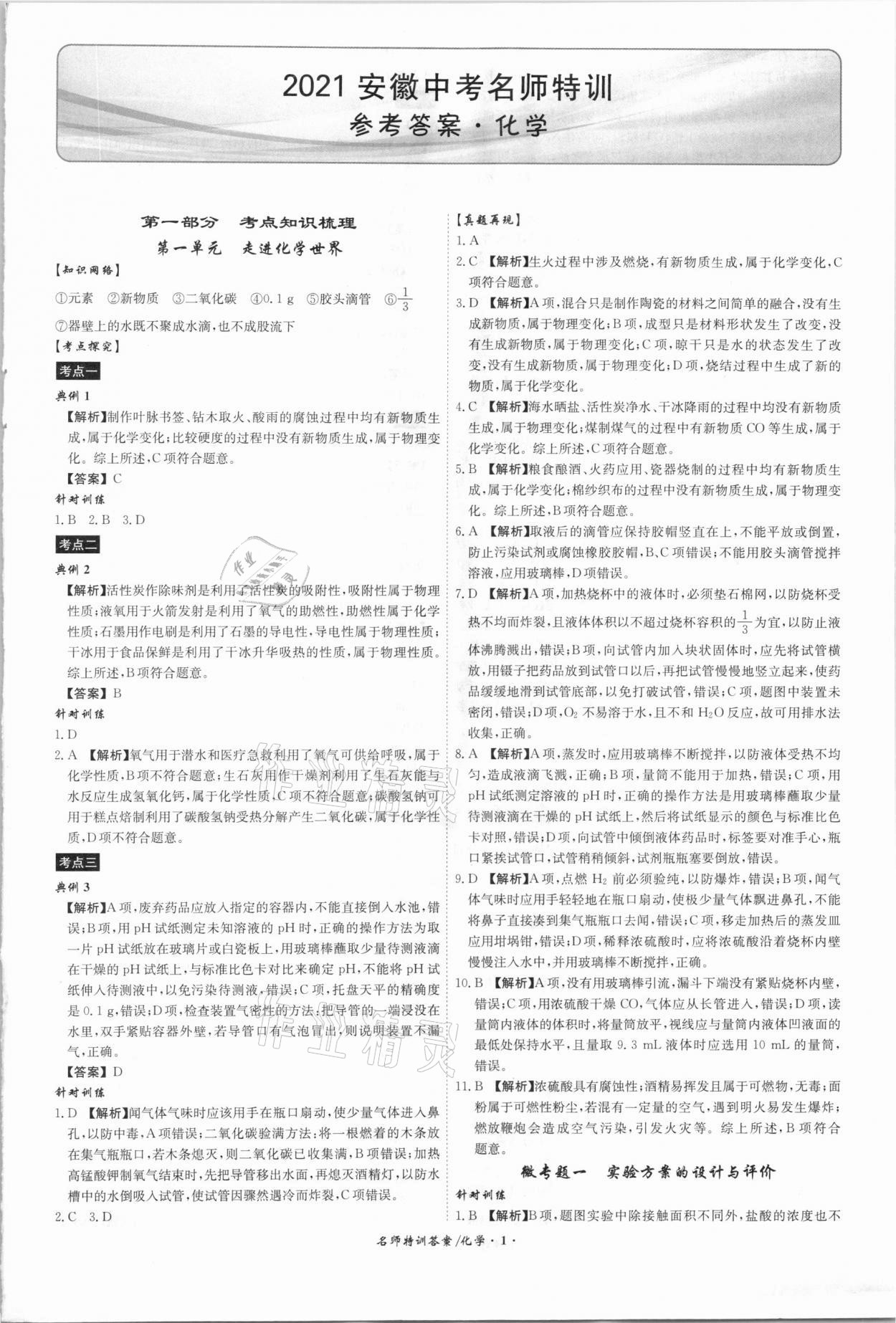 2021年名師特訓初中畢業(yè)班總復習化學安徽專版 第1頁