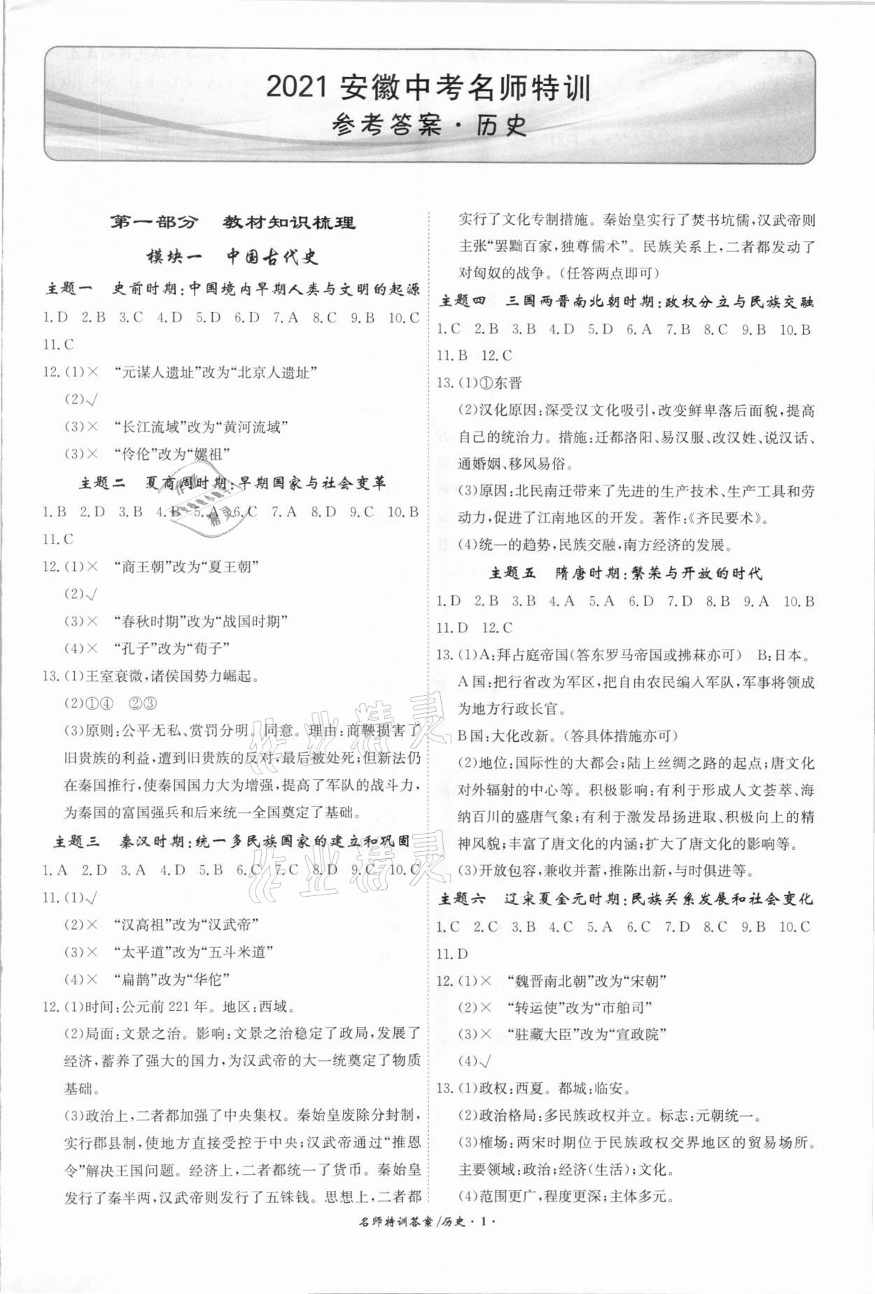 2021年名師特訓(xùn)初中畢業(yè)班總復(fù)習(xí)歷史安徽專版 第1頁