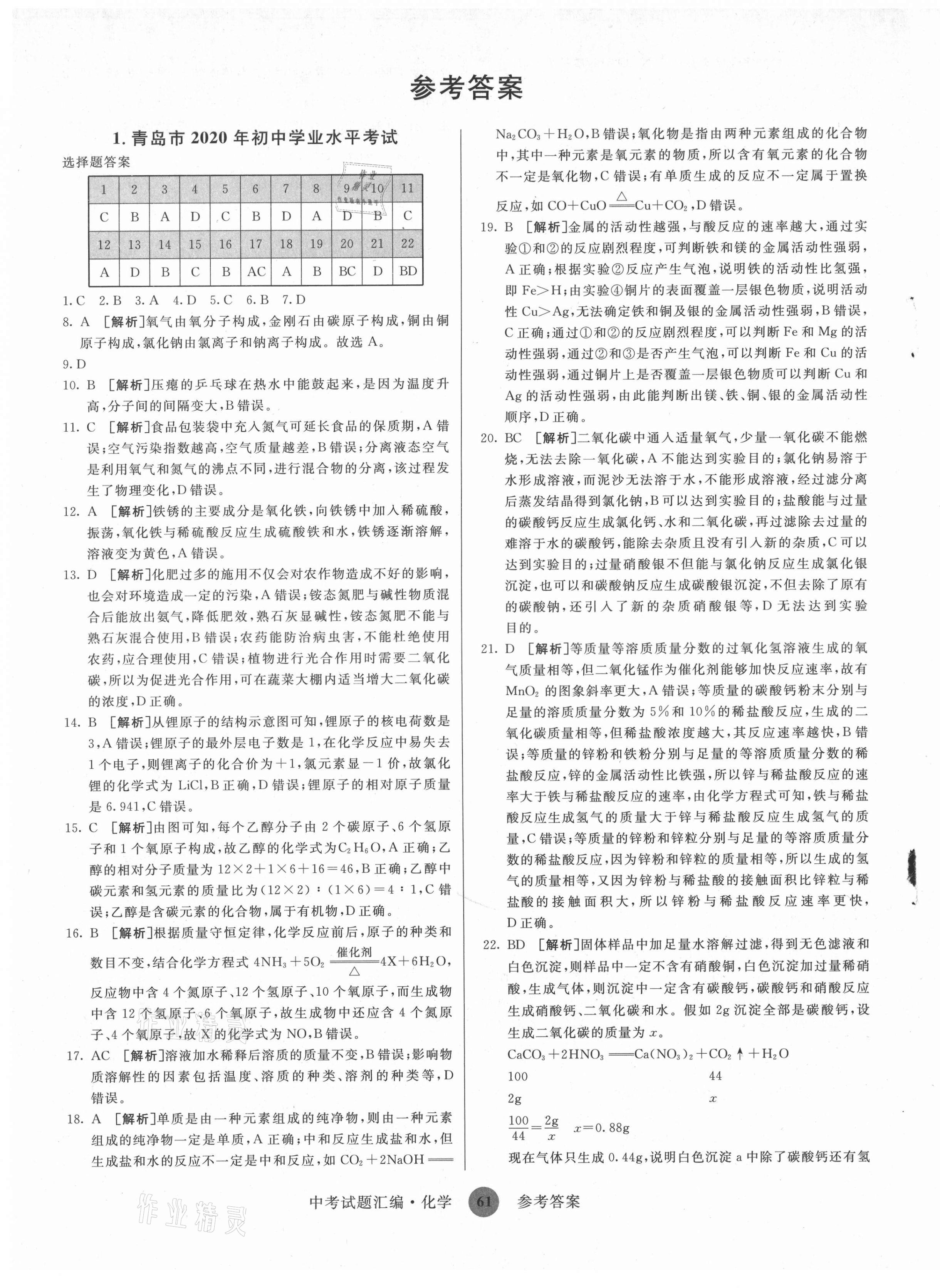 2021年中考試題匯編化學山東科學技術出版社 參考答案第1頁