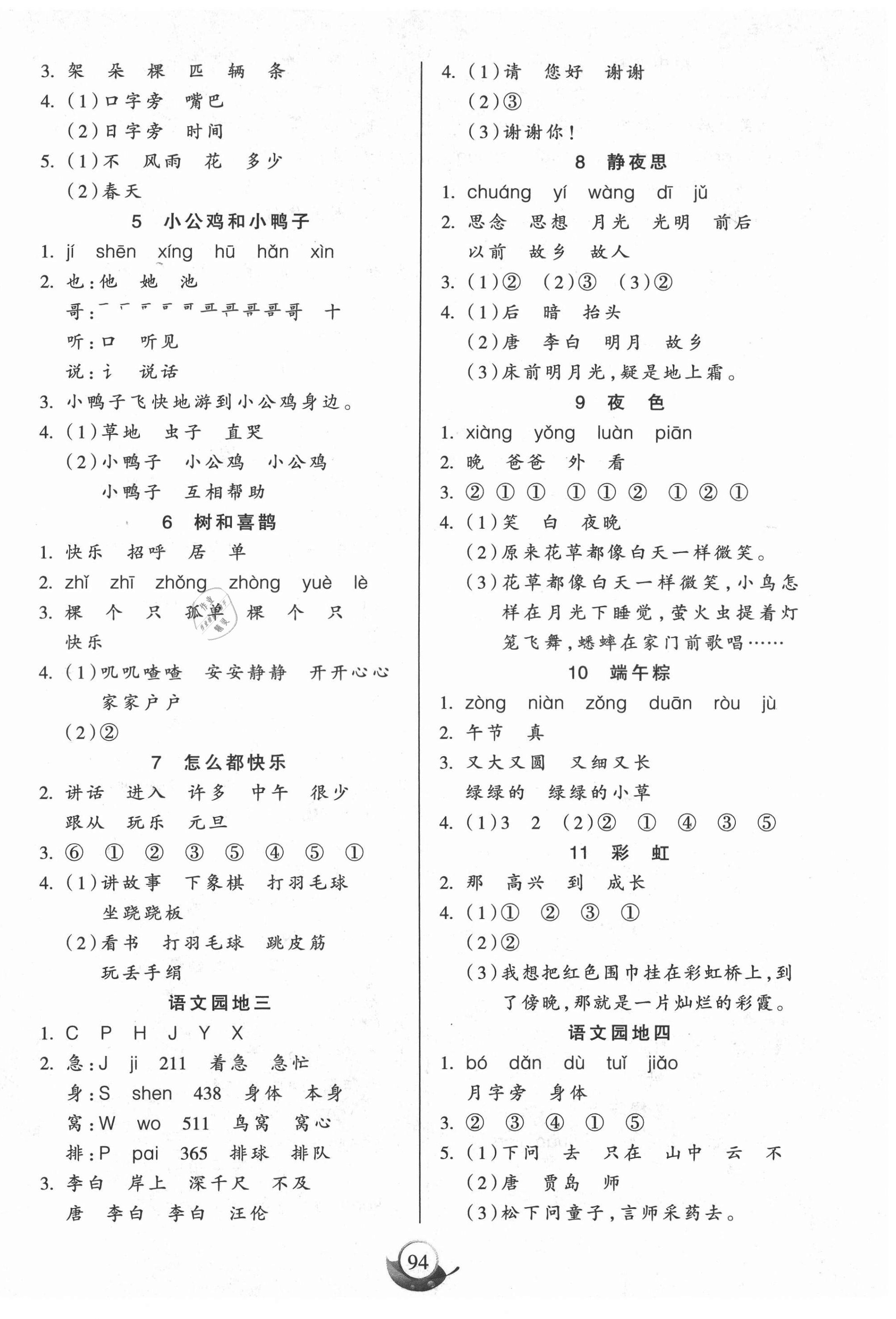 2021年名師三導(dǎo)學(xué)練考一年級語文下冊人教版 參考答案第2頁