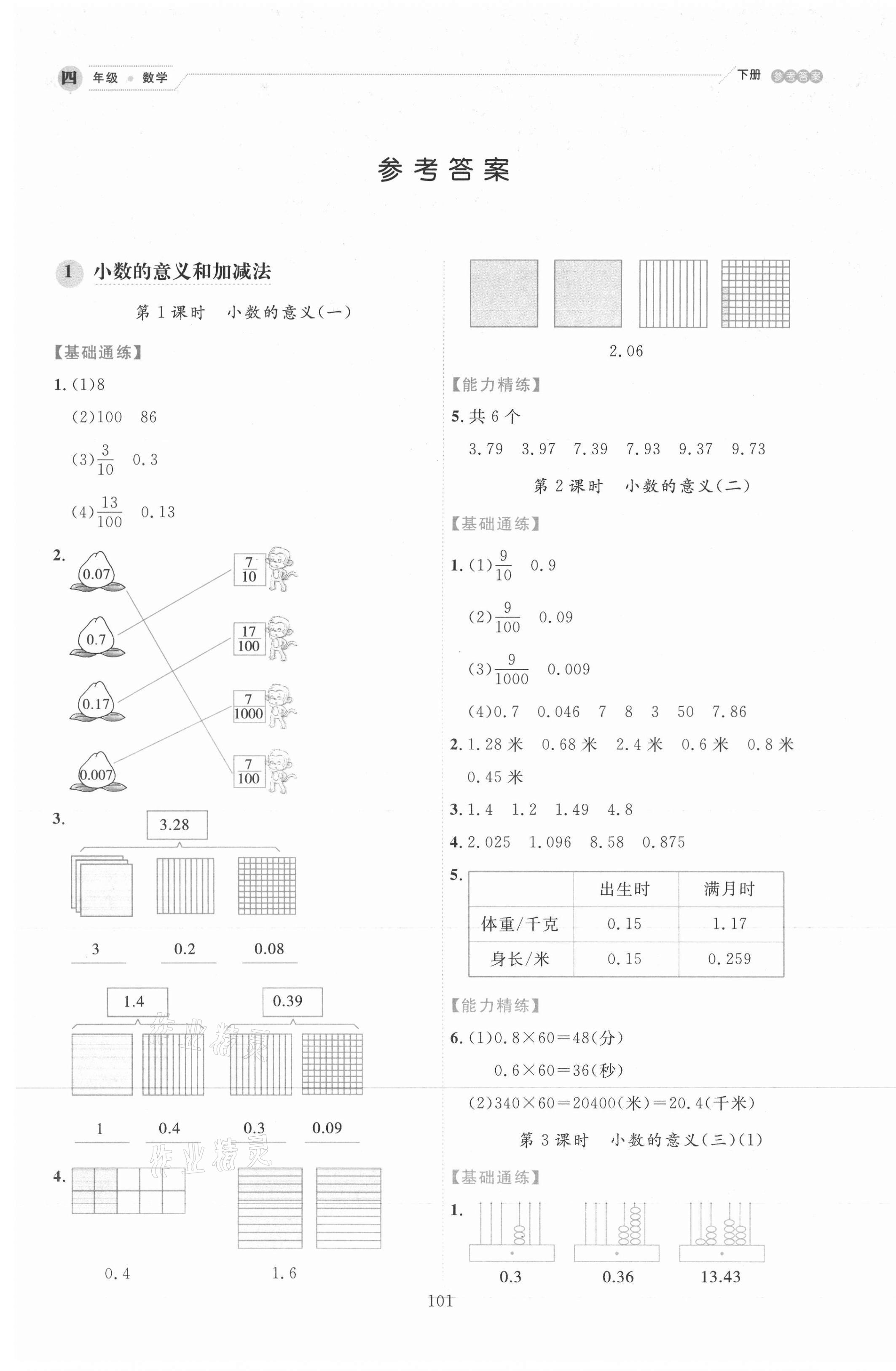 2021年優(yōu)秀生作業(yè)本四年級數(shù)學下冊北師大版 參考答案第1頁