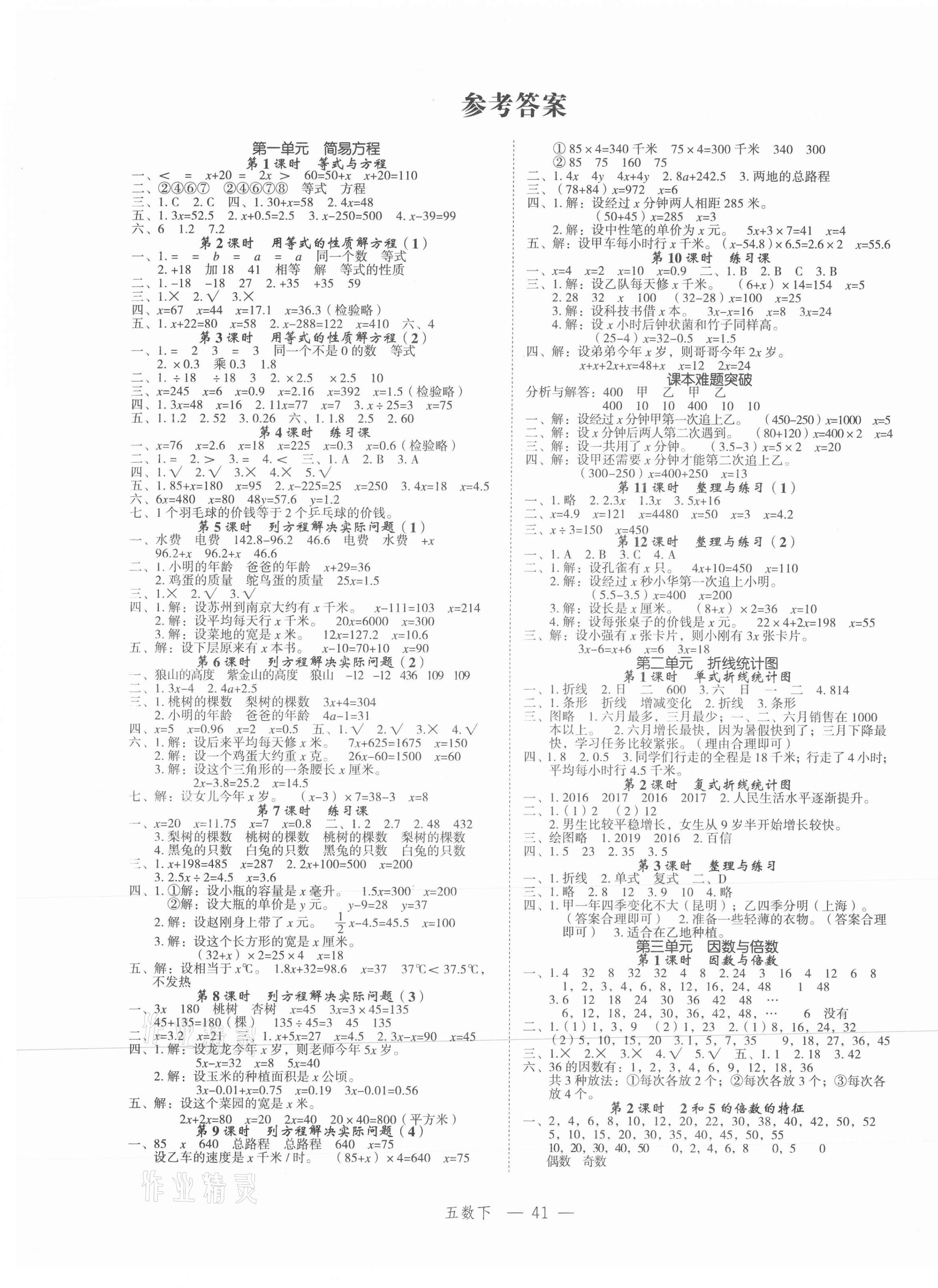 2021年名师面对面先学后练五年级数学下册苏教版 参考答案第1页