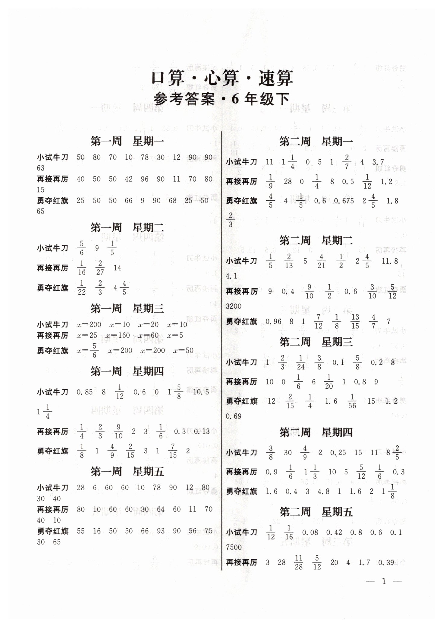 2021年口算心算速算六年級下冊蘇教版江蘇鳳凰美術(shù)出版社 第1頁