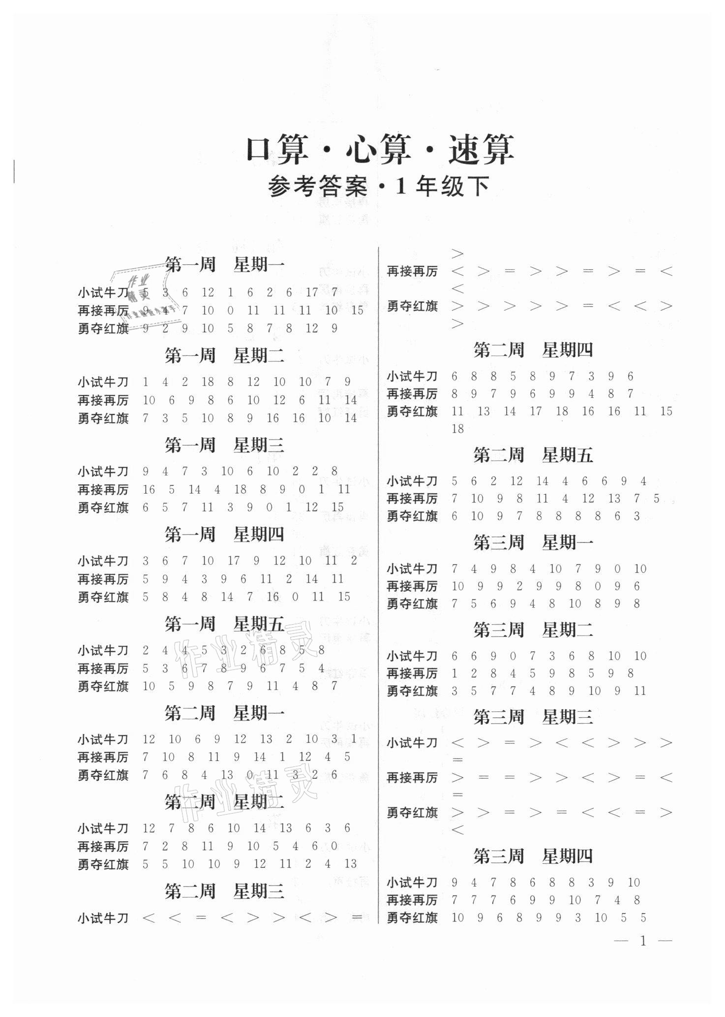 2021年口算心算速算一年級下冊蘇教版江蘇鳳凰美術(shù)出版社 第1頁