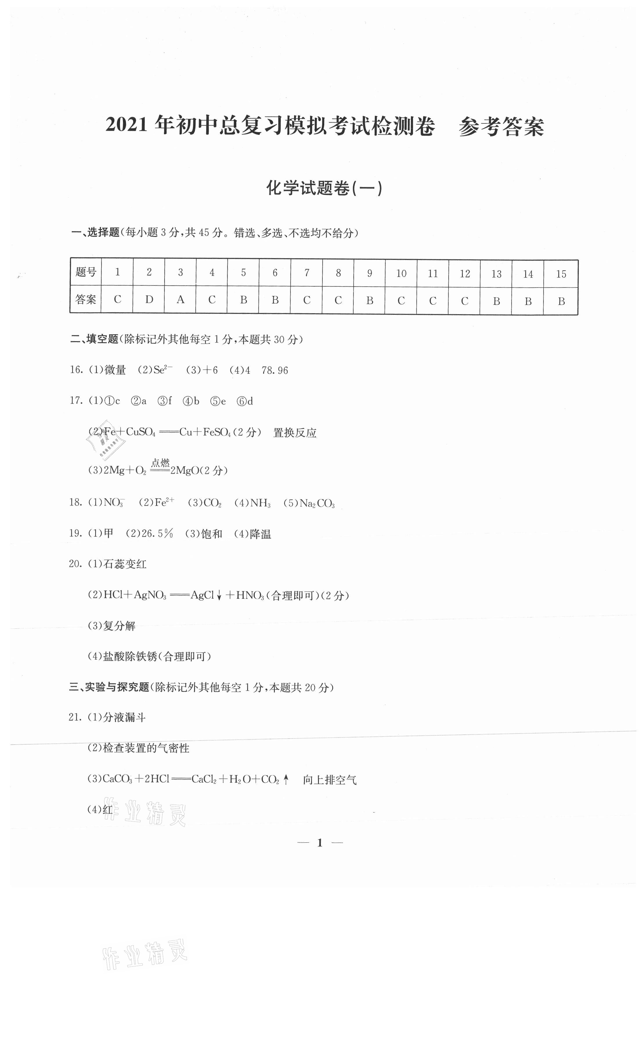 2021年初中總復(fù)習(xí)模擬考試檢測(cè)卷化學(xué) 第1頁