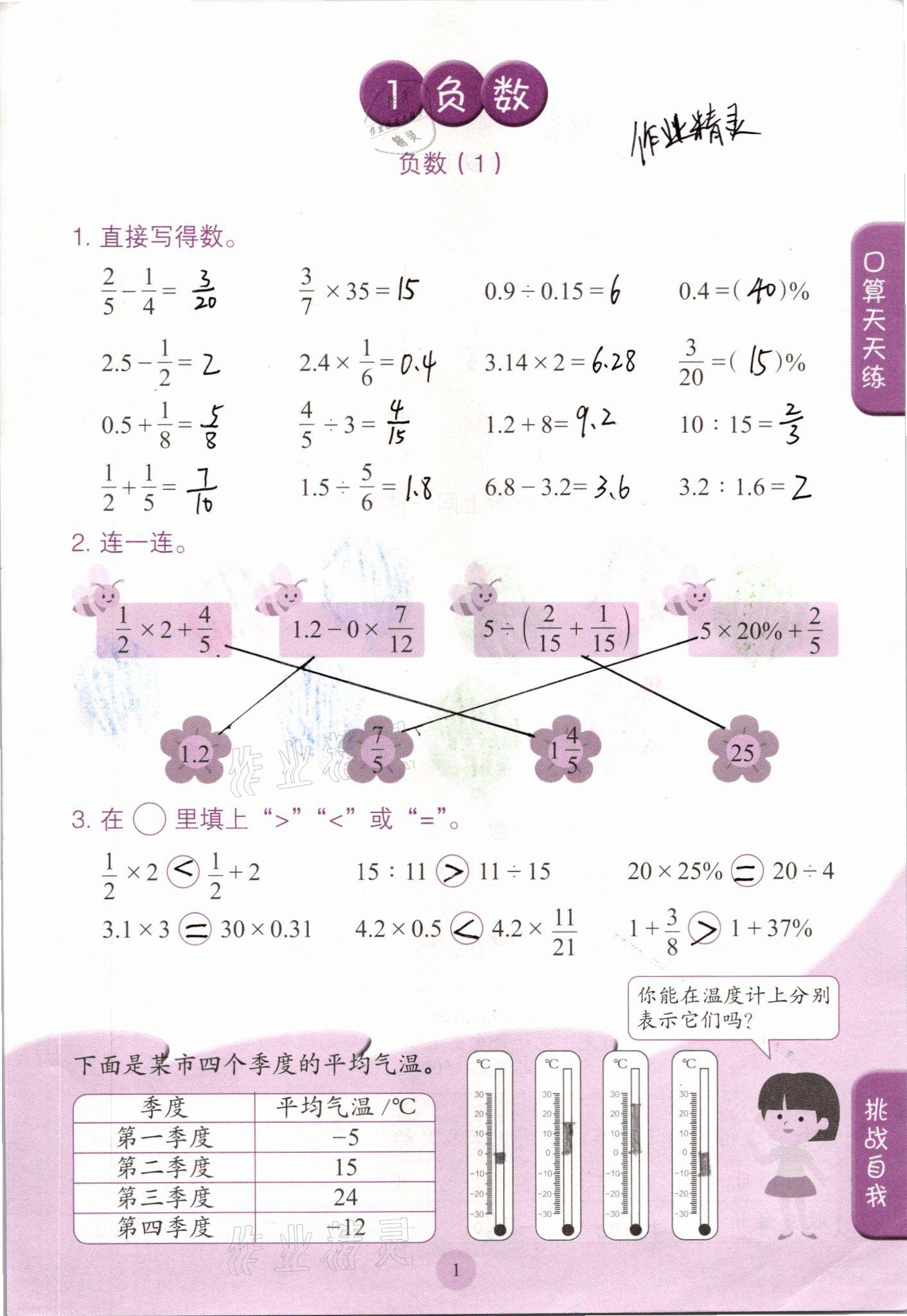 2021年口算小狀元六年級(jí)數(shù)學(xué)下冊(cè)人教版人民教育出版社 參考答案第1頁(yè)