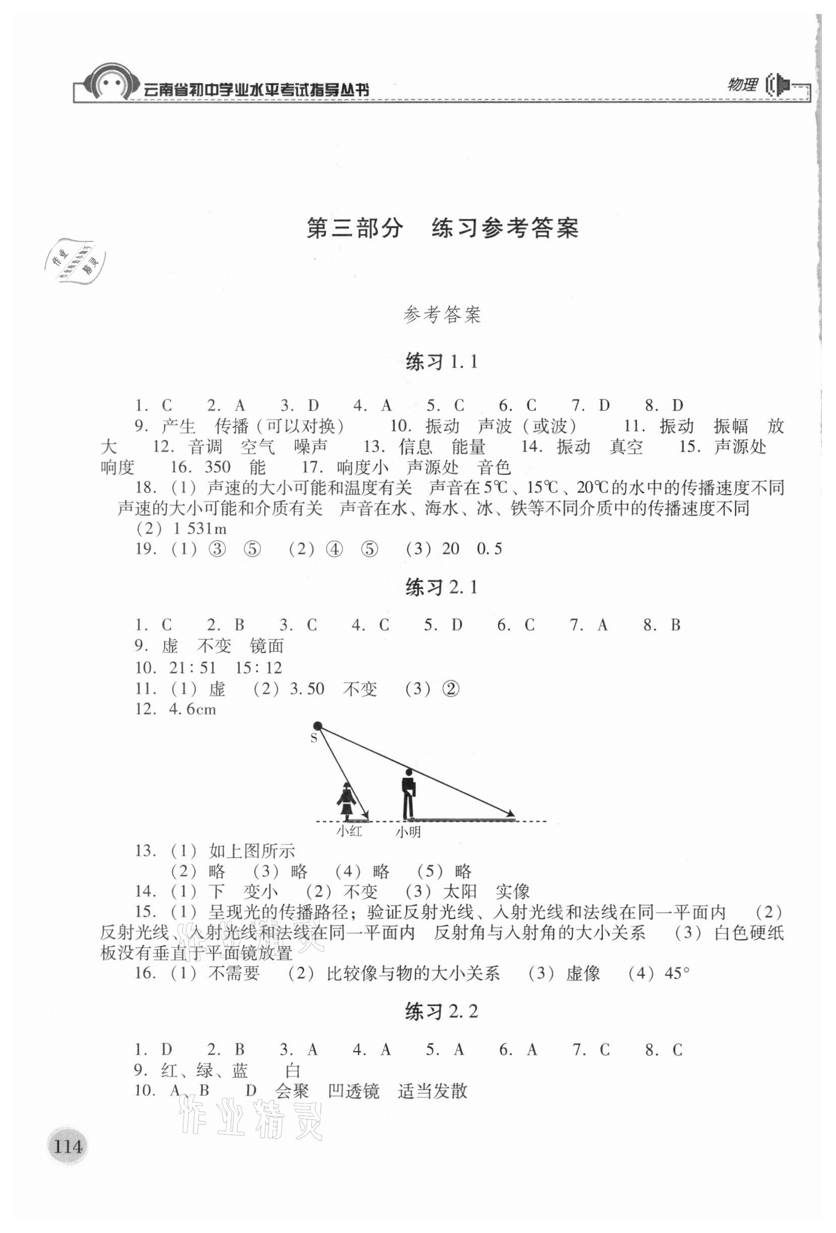 2021年云南省初中学业水平考试指导丛书物理 参考答案第1页