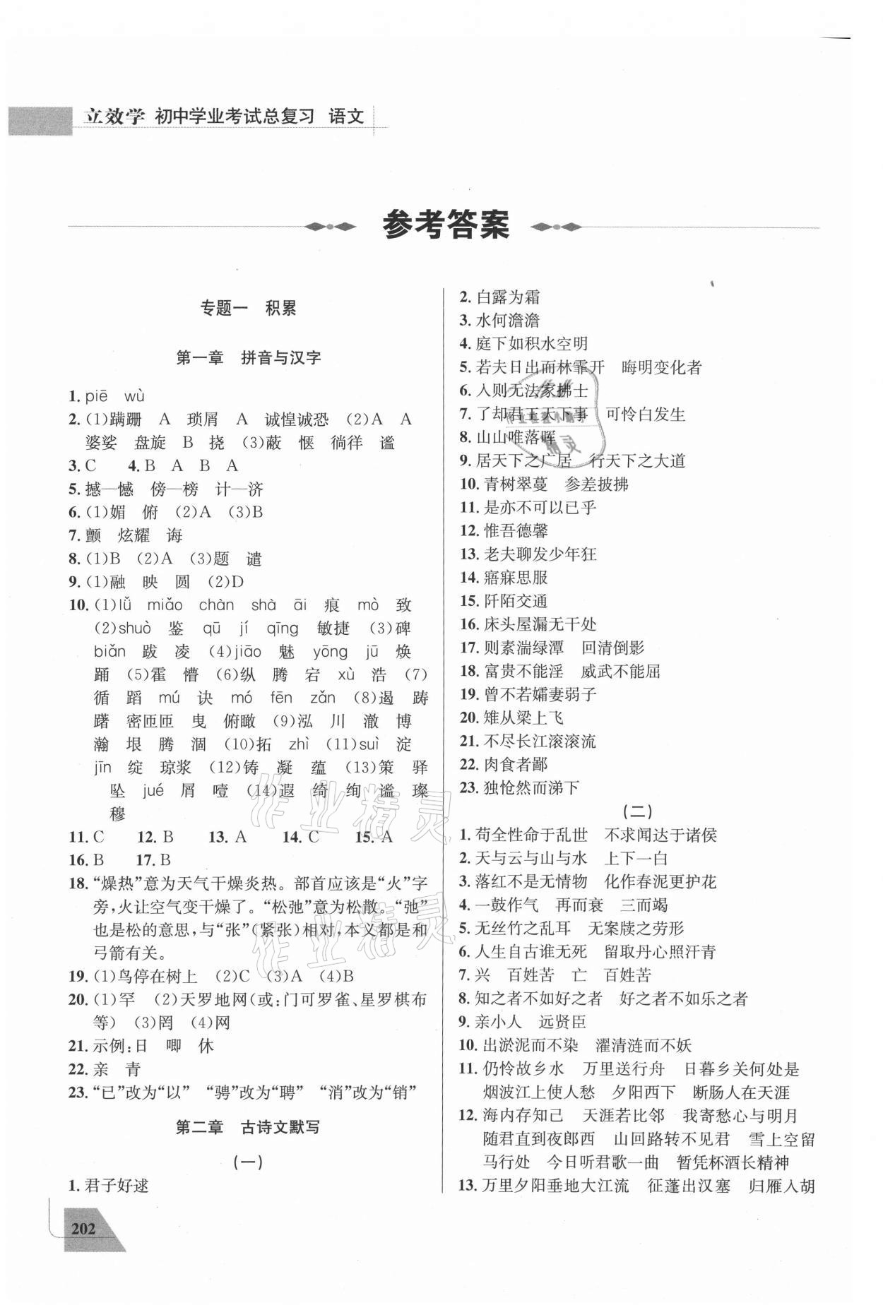 2021年立效學初中學業(yè)考試總復習語文 參考答案第1頁