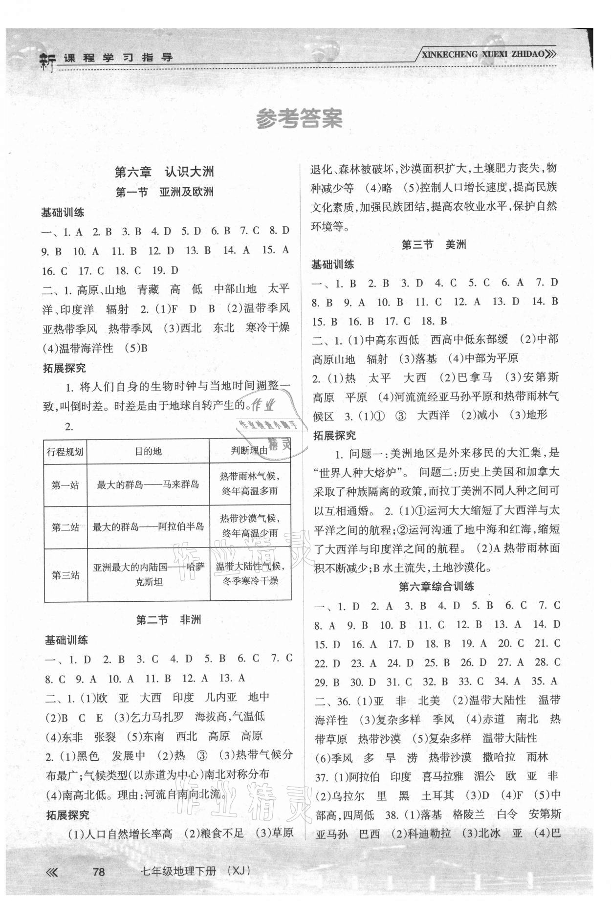 2021年新课程学习指导七年级地理下册湘教版南方出版社 参考答案第1页