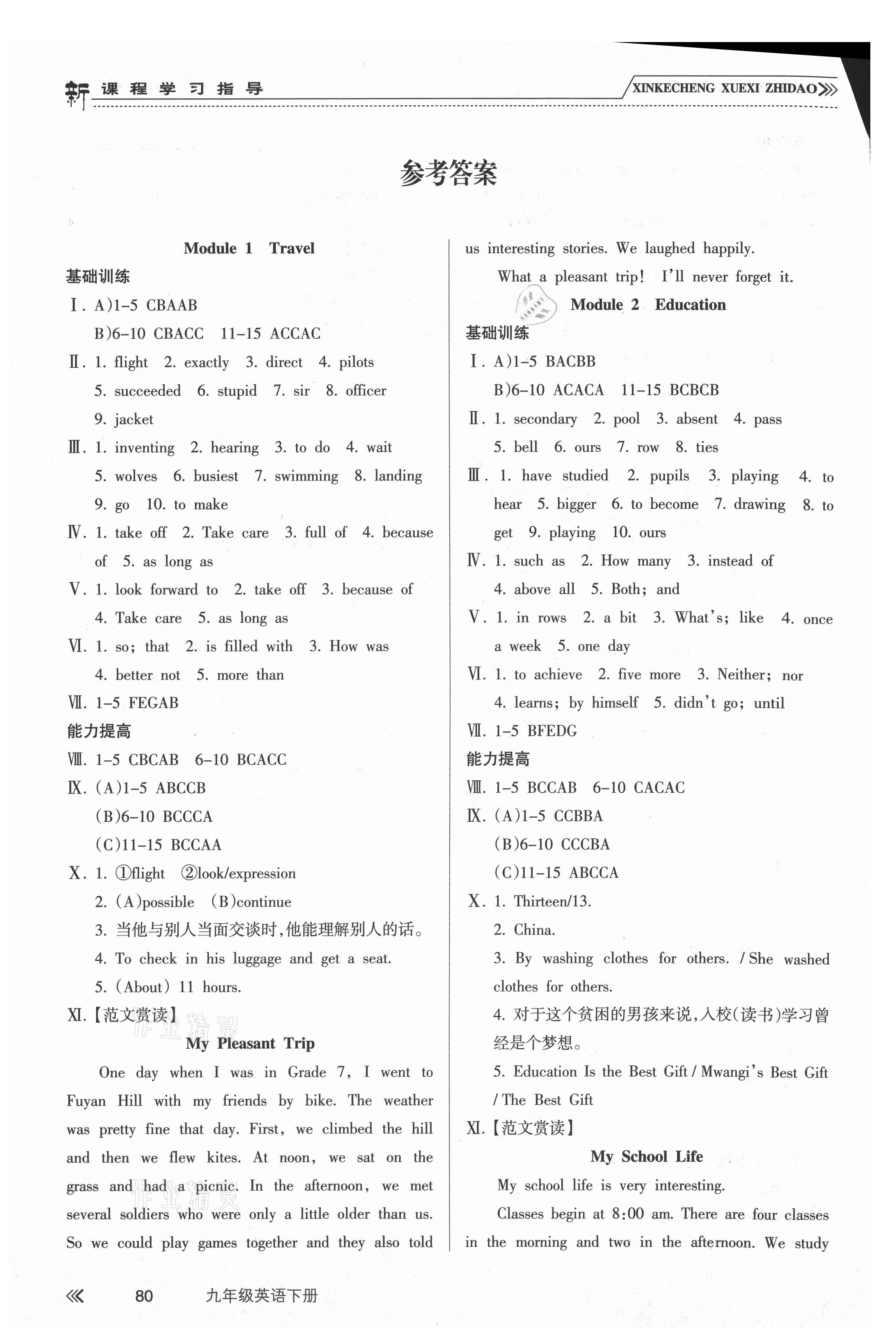 2021年新課程學(xué)習(xí)指導(dǎo)九年級英語下冊外研版南方出版社 參考答案第1頁