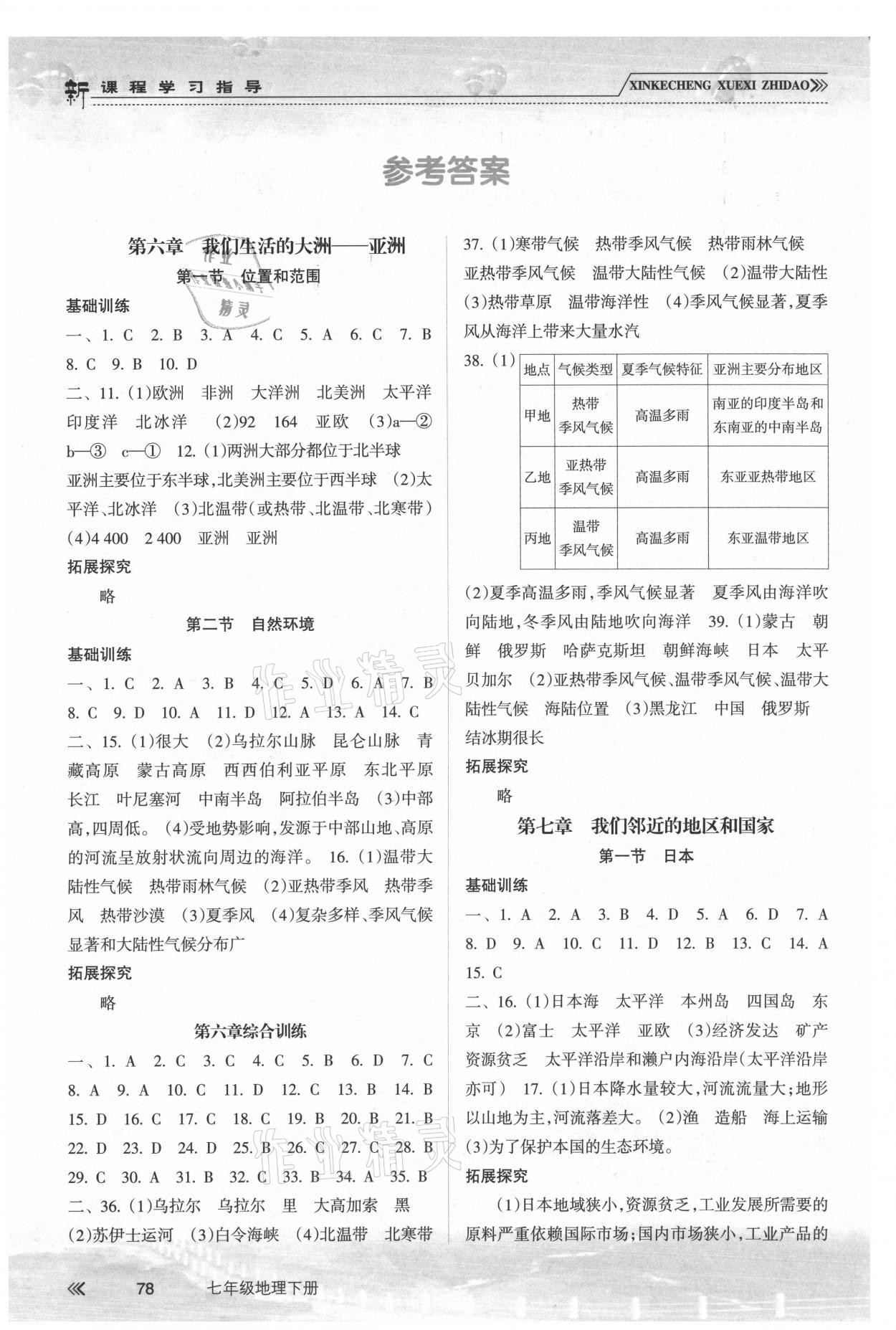 2021年新課程學(xué)習(xí)指導(dǎo)七年級(jí)地理下冊(cè)人教版南方出版社 參考答案第1頁(yè)