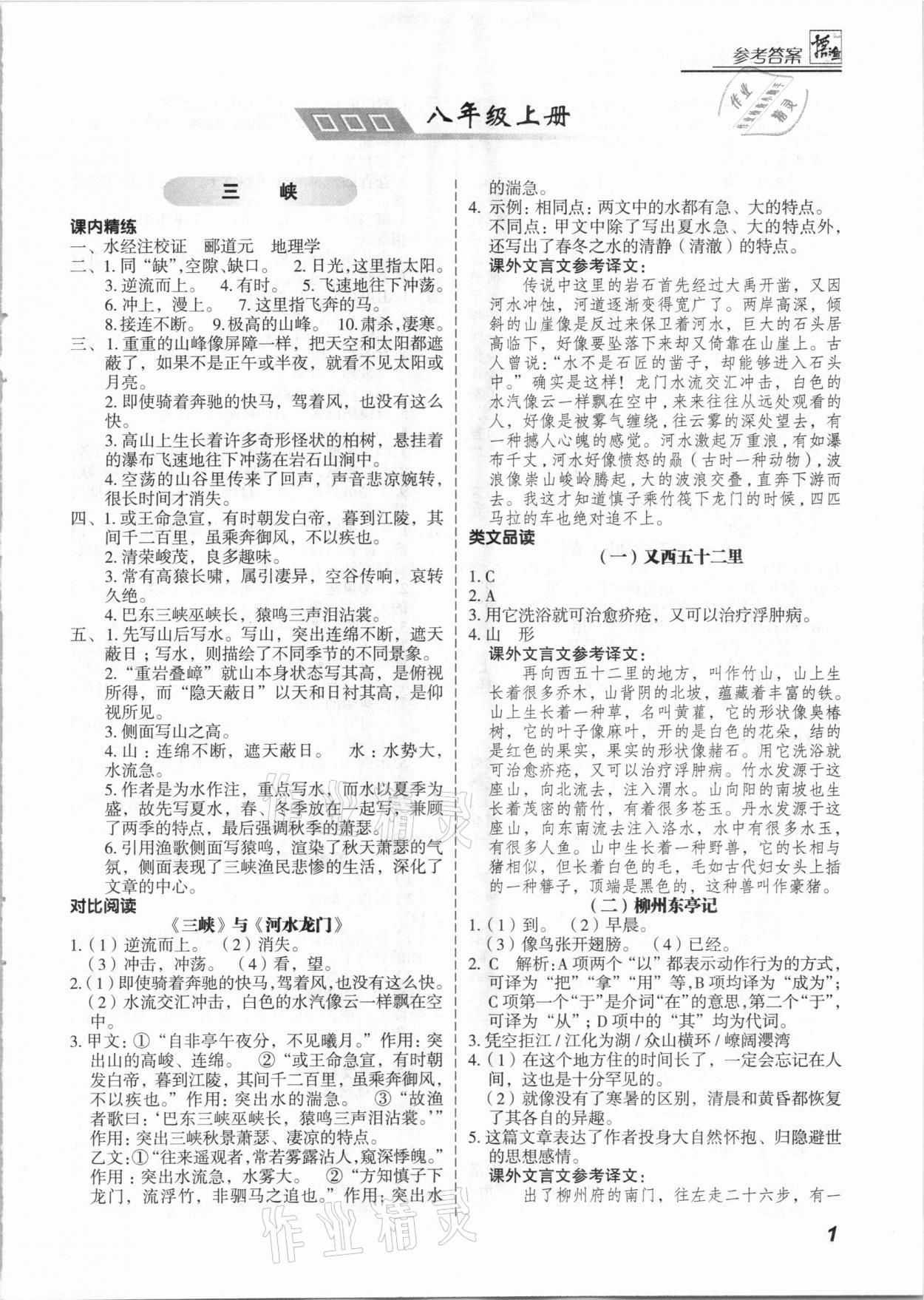 2021年登甲閱讀八年級語文人教版古詩文講練版 參考答案第1頁