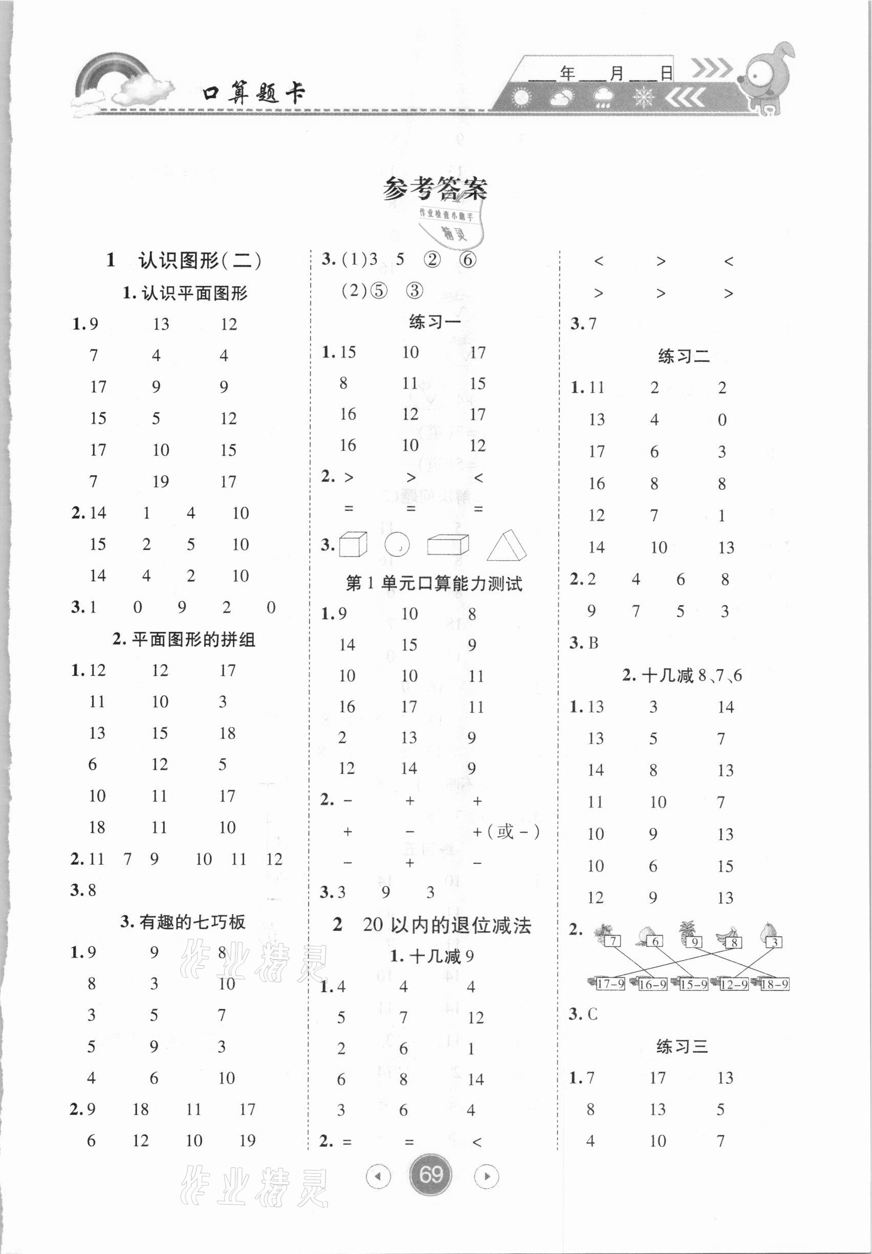 2021年小狀元數(shù)學(xué)天天練口算題卡大通關(guān)一年級(jí)下冊(cè)人教版 第1頁