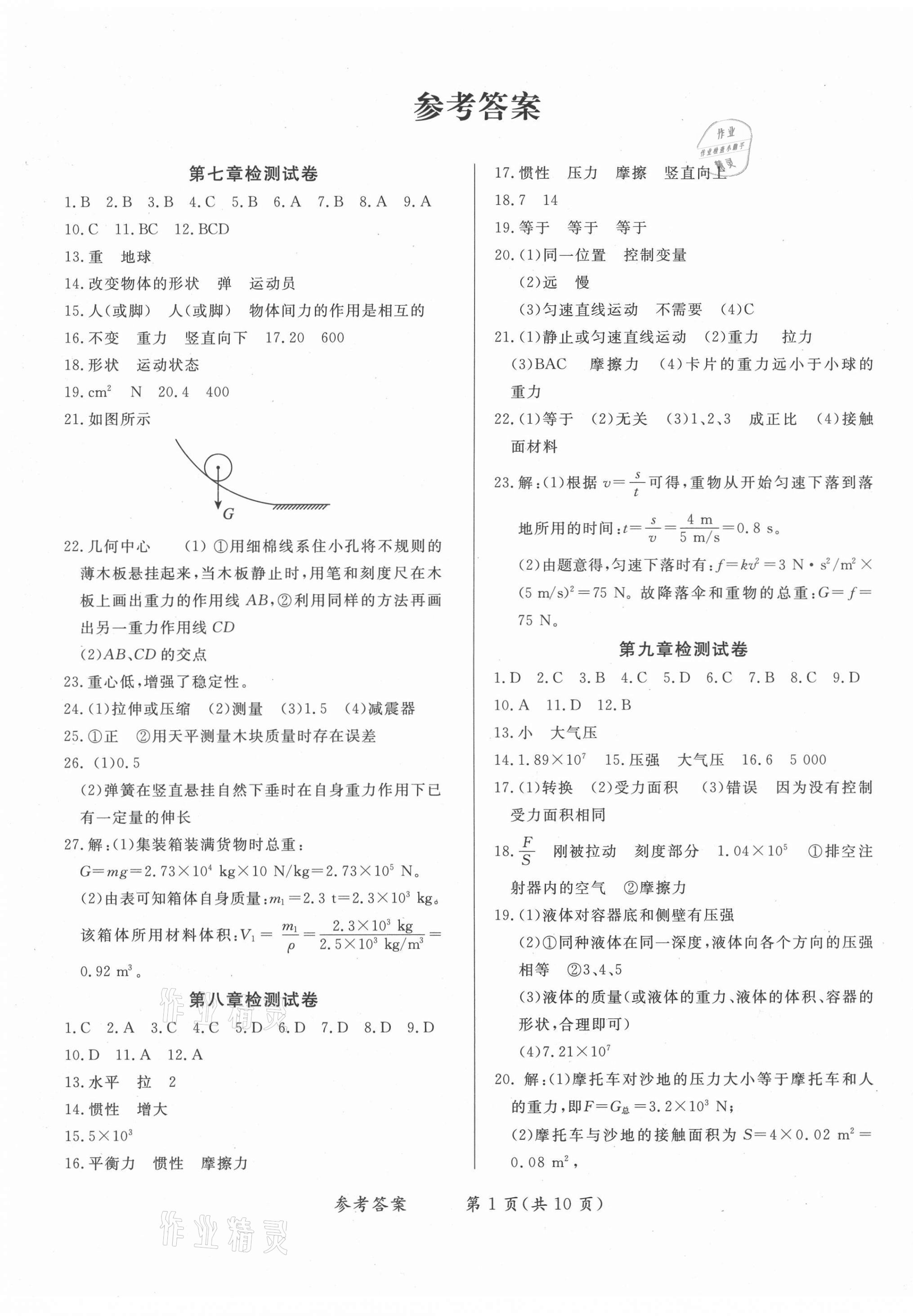 2021年學(xué)力水平同步檢測(cè)與評(píng)估八年級(jí)物理下冊(cè)人教版 參考答案第1頁