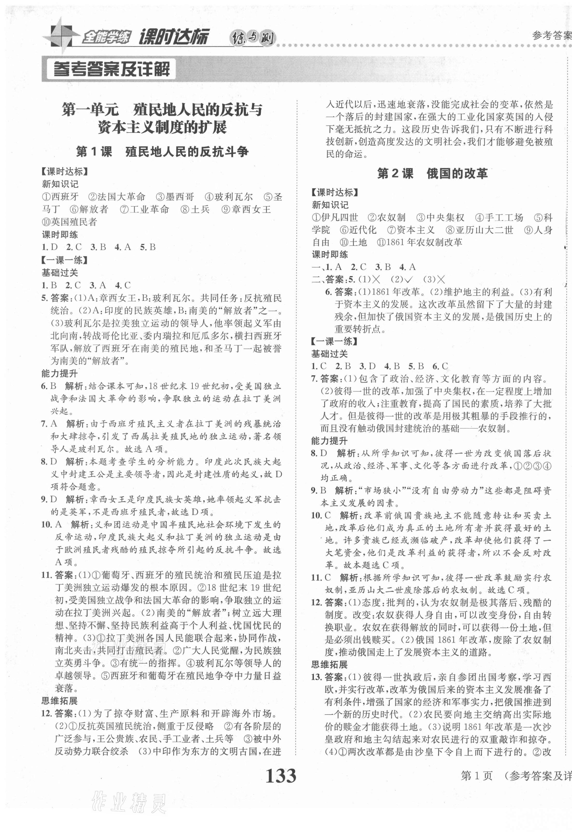 2021年课时达标练与测九年级世界历史下册人教版 第1页