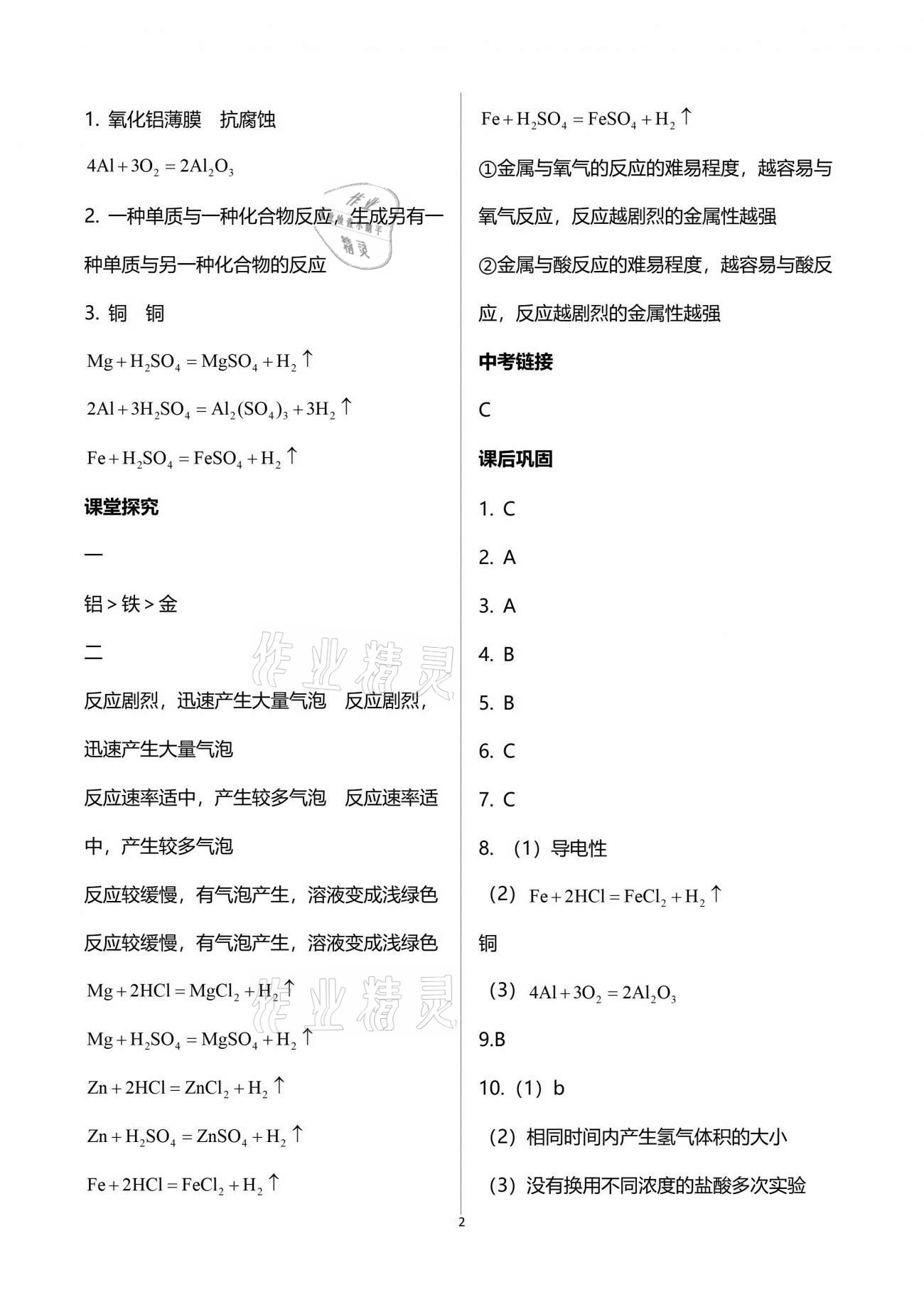 2021年学习指要九年级化学下册人教版重庆专版 参考答案第2页