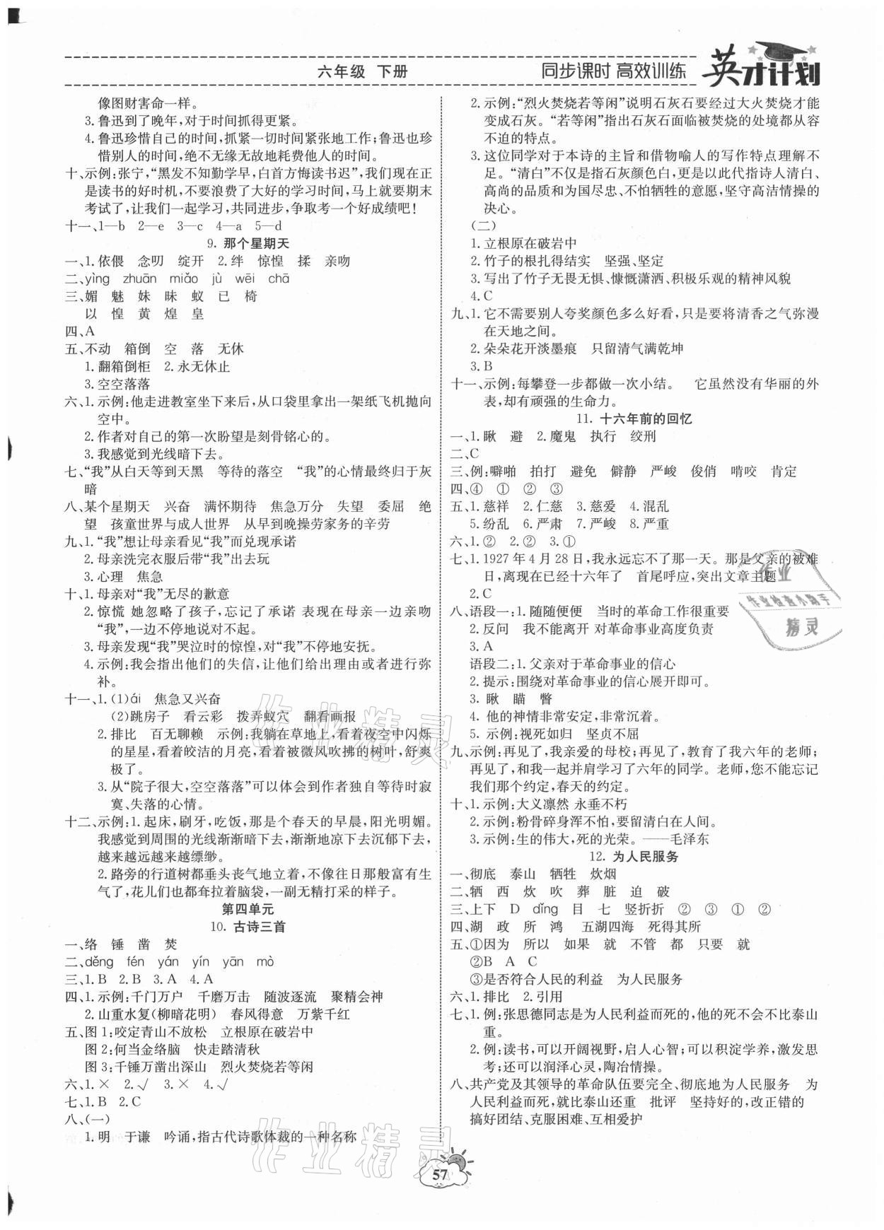 2021年英才計劃同步課時高效訓練六年級語文下冊人教版 第3頁