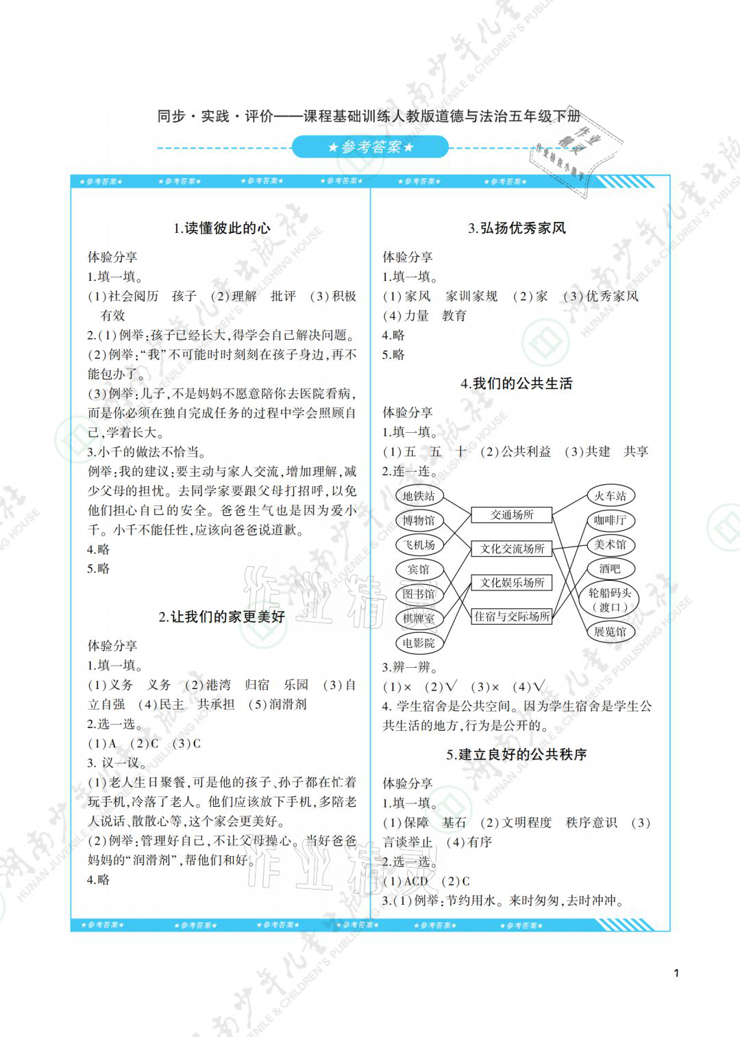 2021年同步實踐評價課程基礎(chǔ)訓(xùn)練五年級道德與法治下冊人教版 參考答案第1頁