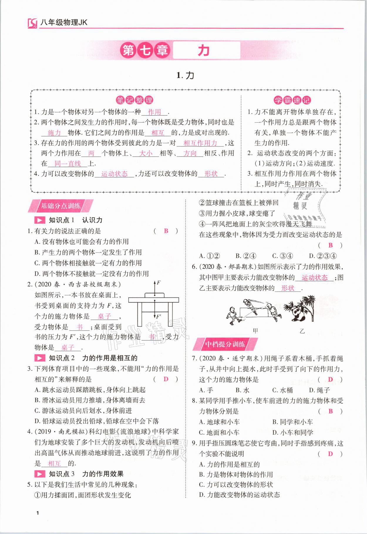 2021年我的作業(yè)八年級(jí)物理下冊(cè)教科版 參考答案第1頁