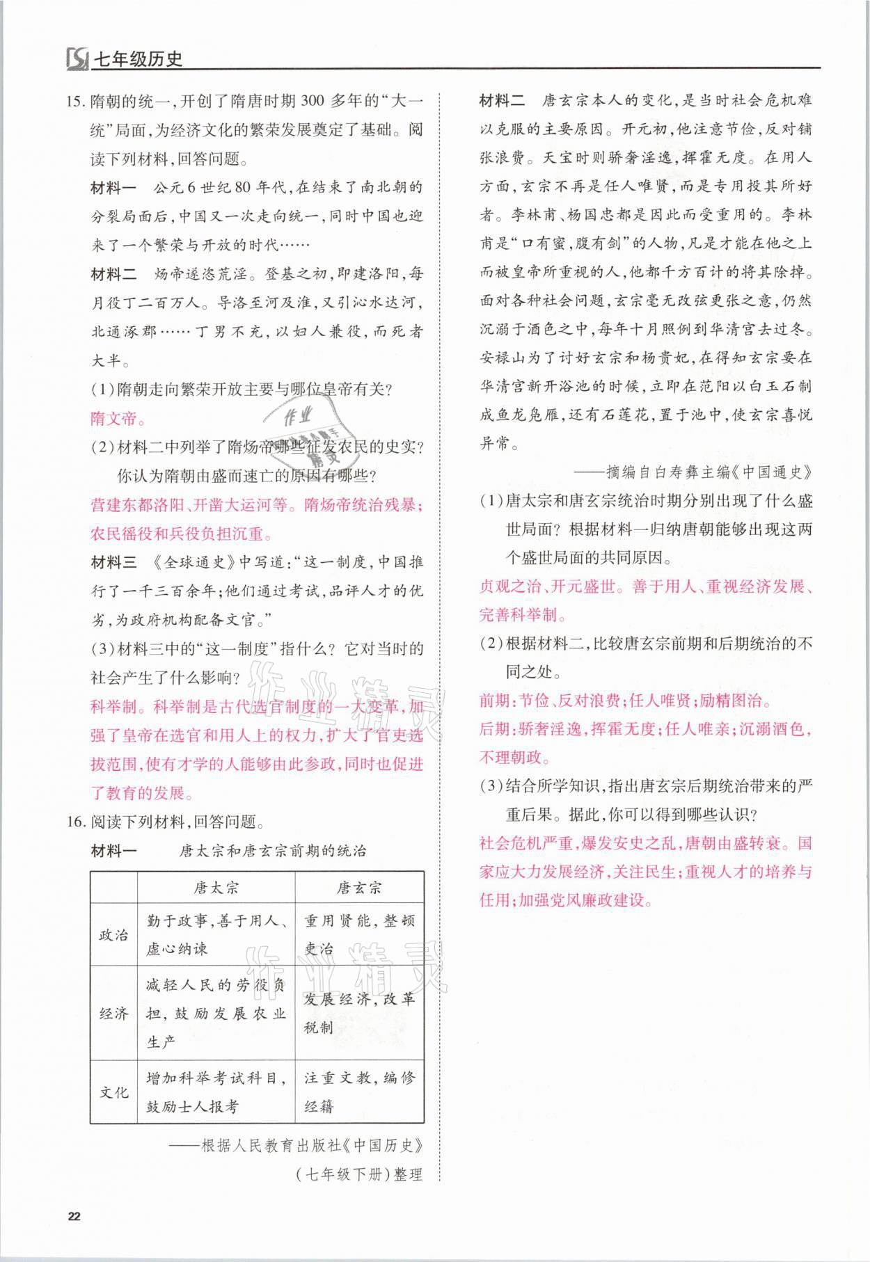 2021年我的作業(yè)七年級(jí)歷史下冊(cè)人教版 參考答案第22頁(yè)