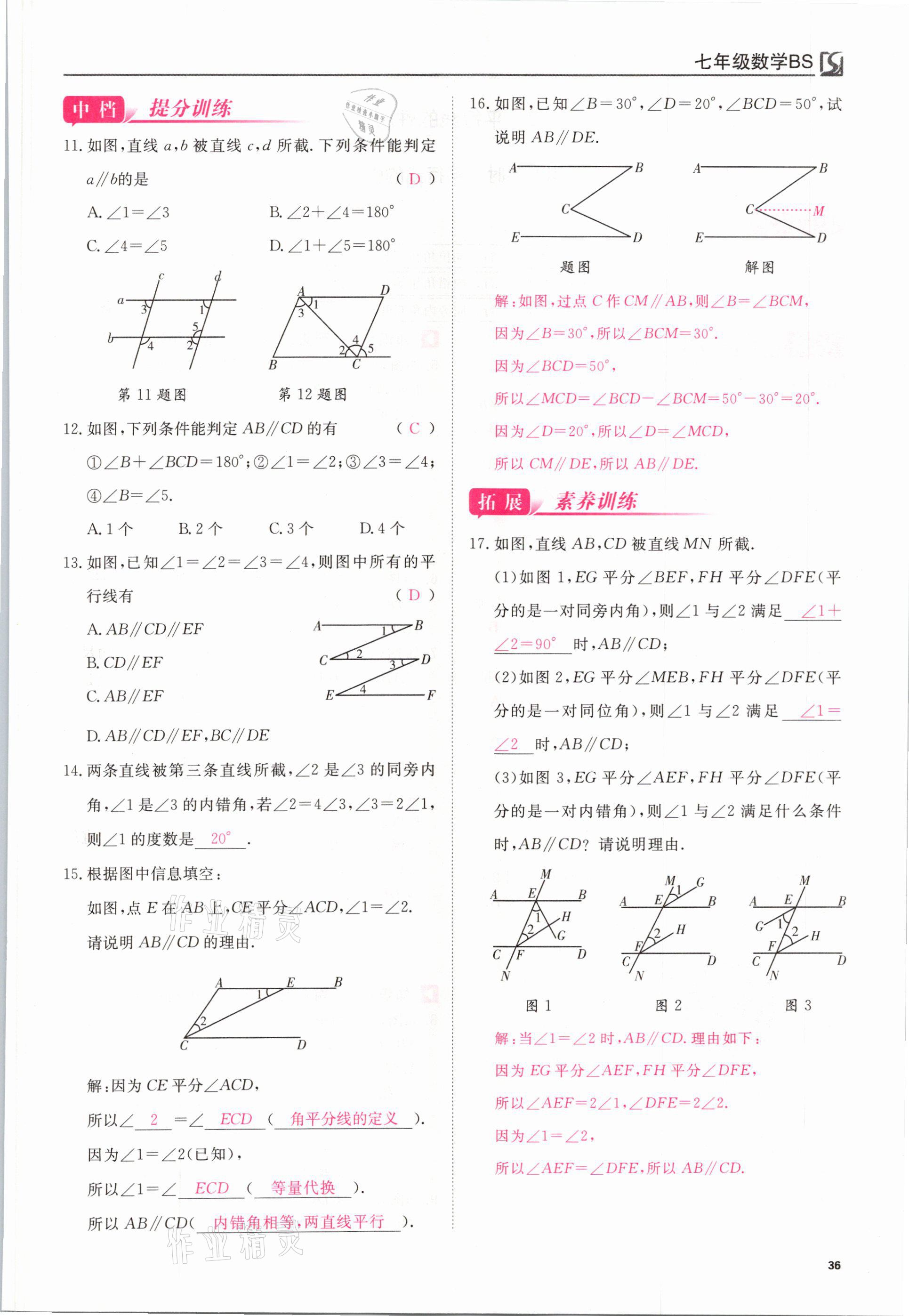 2021年我的作業(yè)七年級數(shù)學下冊北師大版 參考答案第36頁