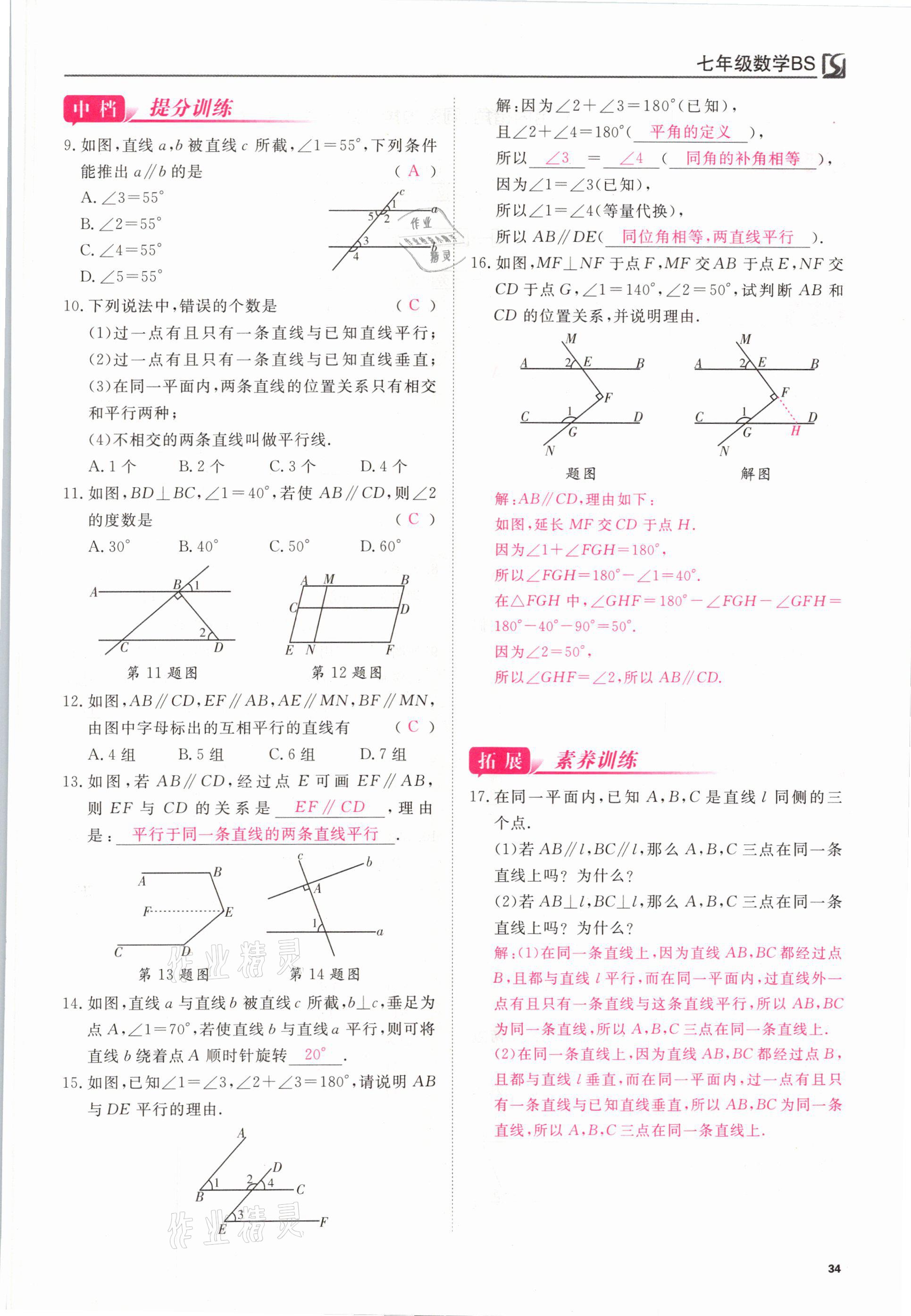 2021年我的作業(yè)七年級數(shù)學下冊北師大版 參考答案第34頁