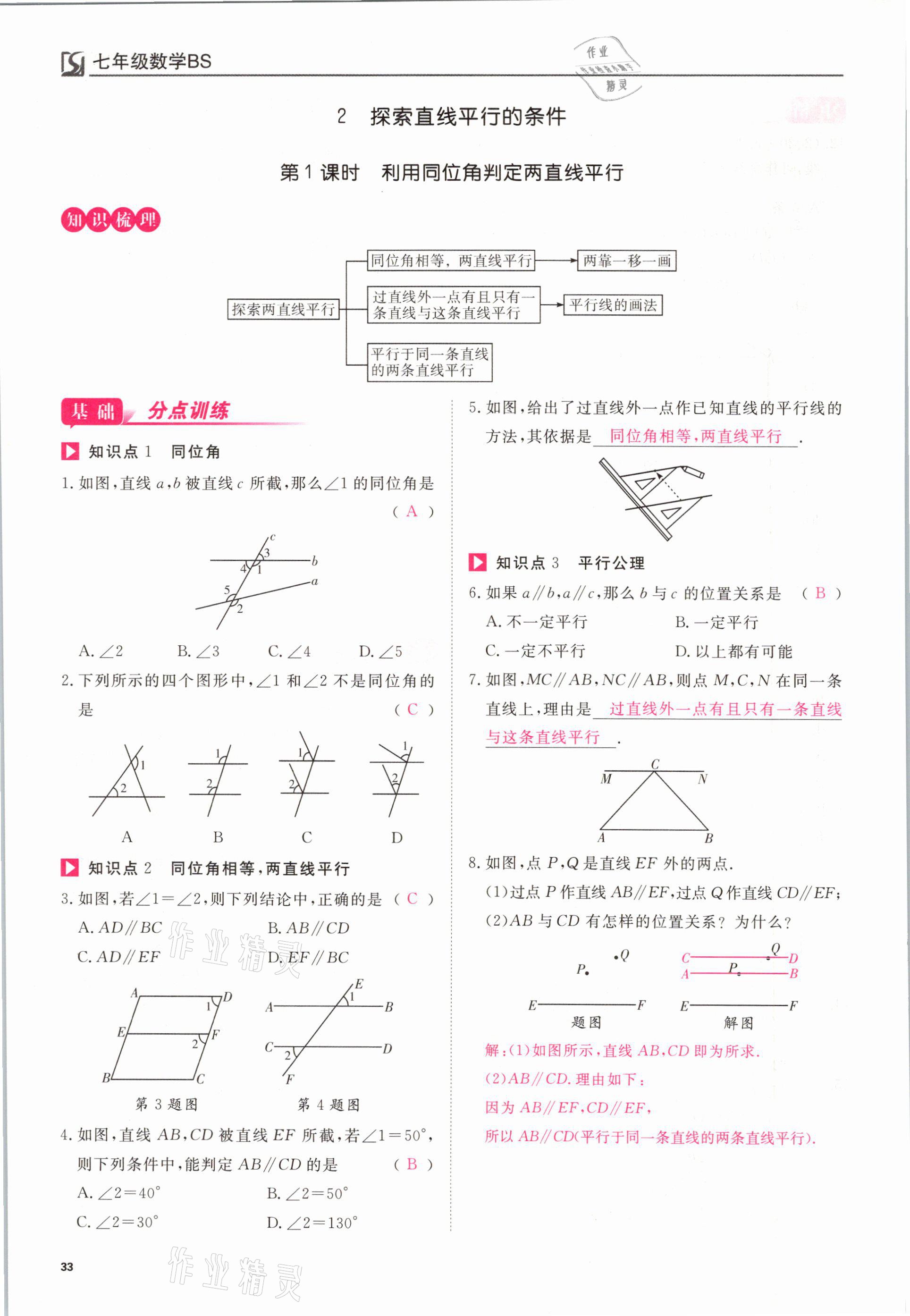 2021年我的作業(yè)七年級數學下冊北師大版 參考答案第33頁