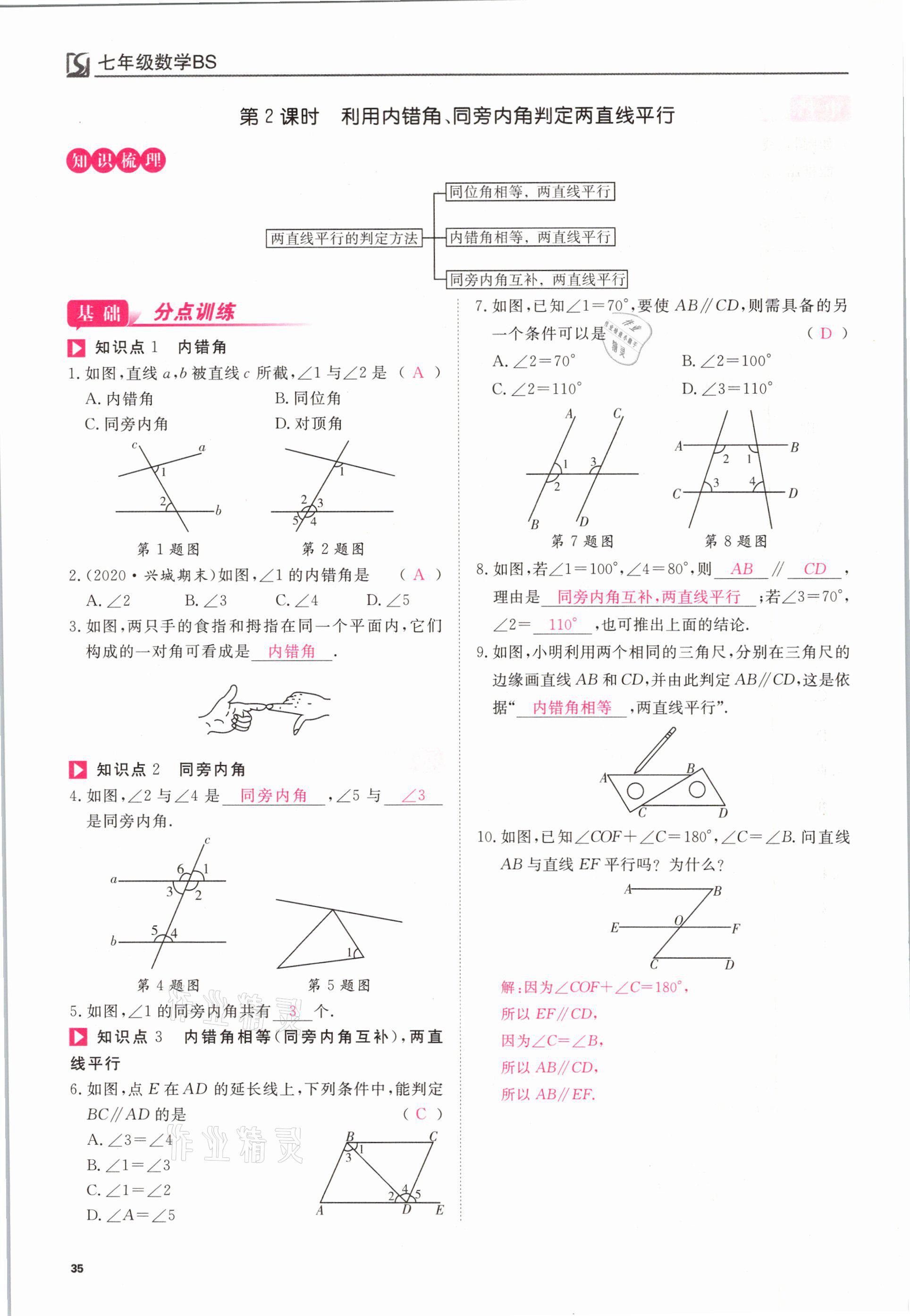 2021年我的作業(yè)七年級數(shù)學(xué)下冊北師大版 參考答案第35頁