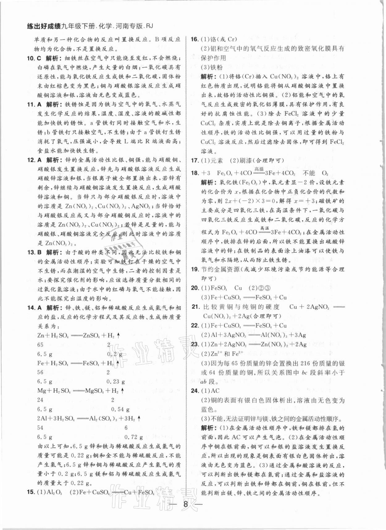 2021年練出好成績九年級化學下冊人教版河南專版 參考答案第8頁