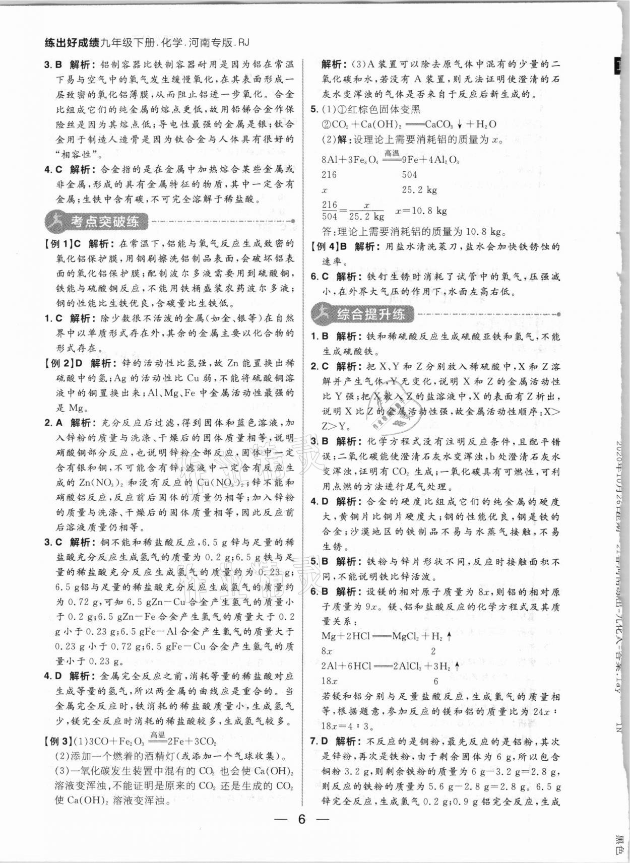 2021年練出好成績九年級化學(xué)下冊人教版河南專版 參考答案第6頁