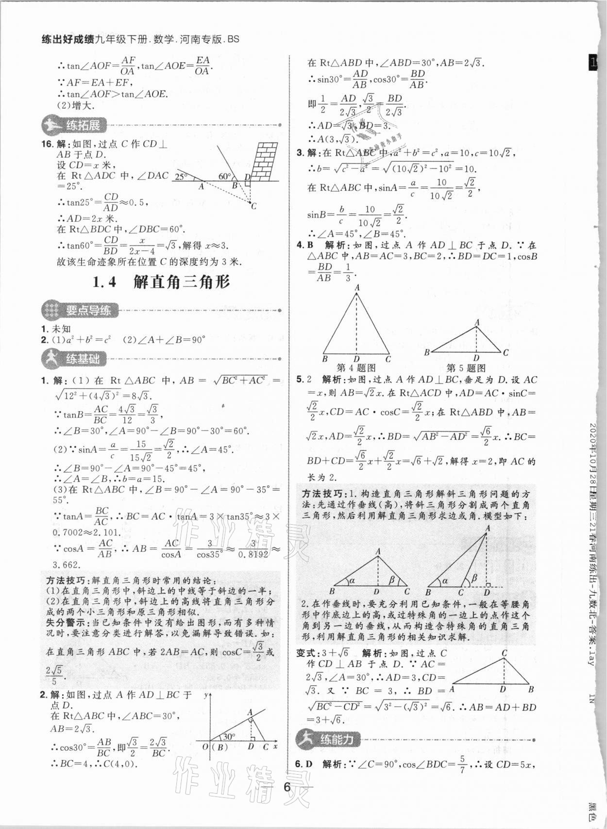 2021年練出好成績九年級數(shù)學下冊北師大版河南專版 參考答案第6頁