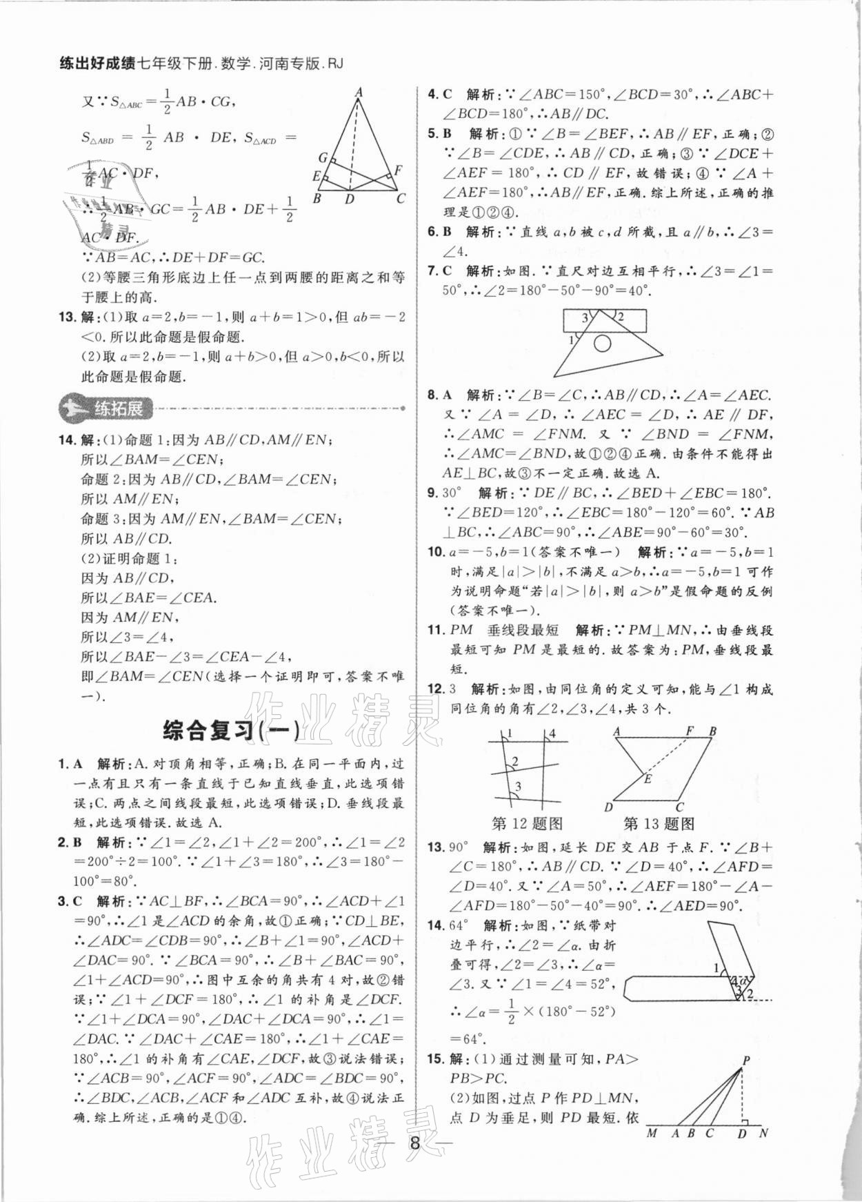 2021年練出好成績七年級數(shù)學下冊人教版河南專版 參考答案第8頁