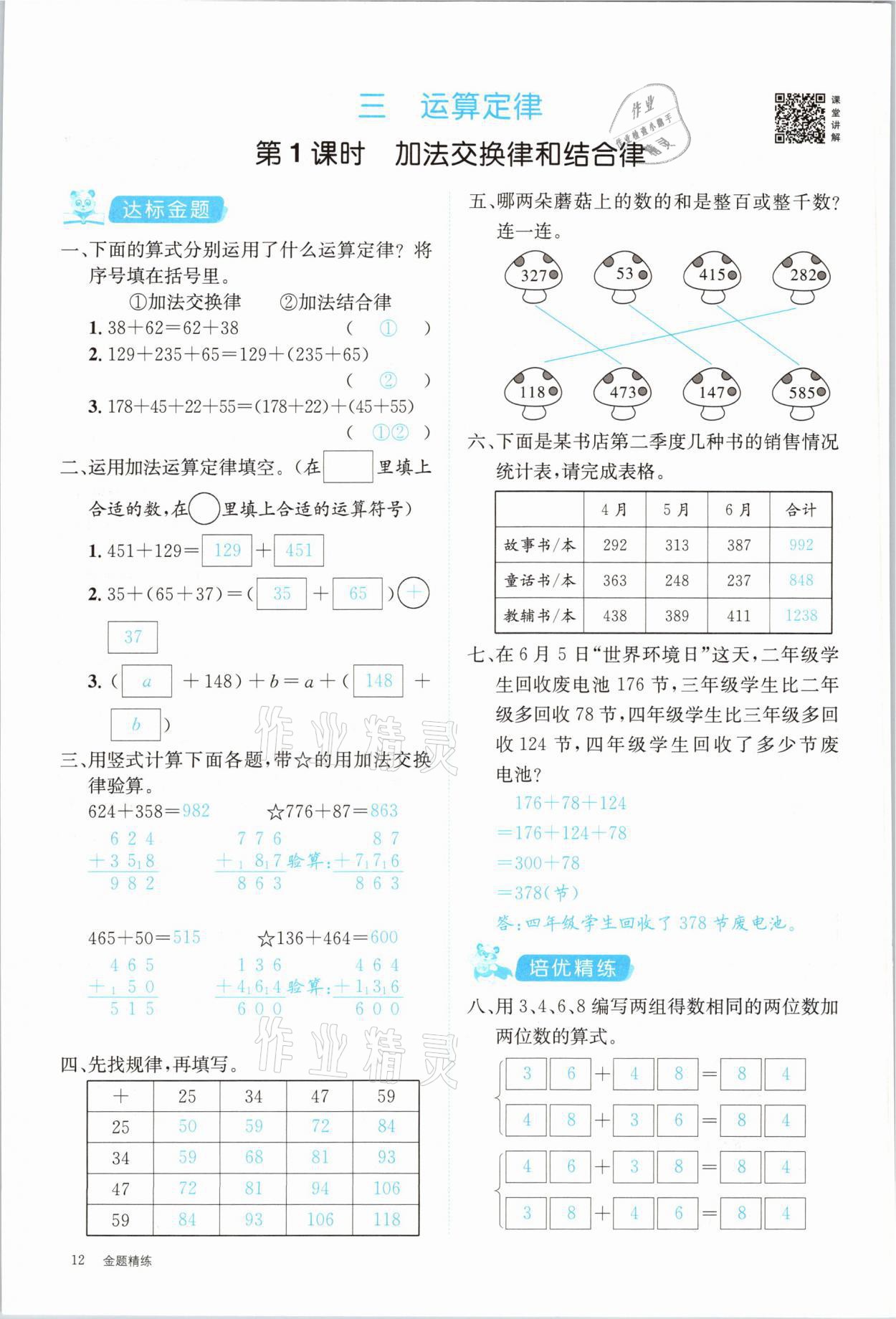 2021年合力數(shù)學(xué)金題精練四年級下冊人教版 參考答案第12頁