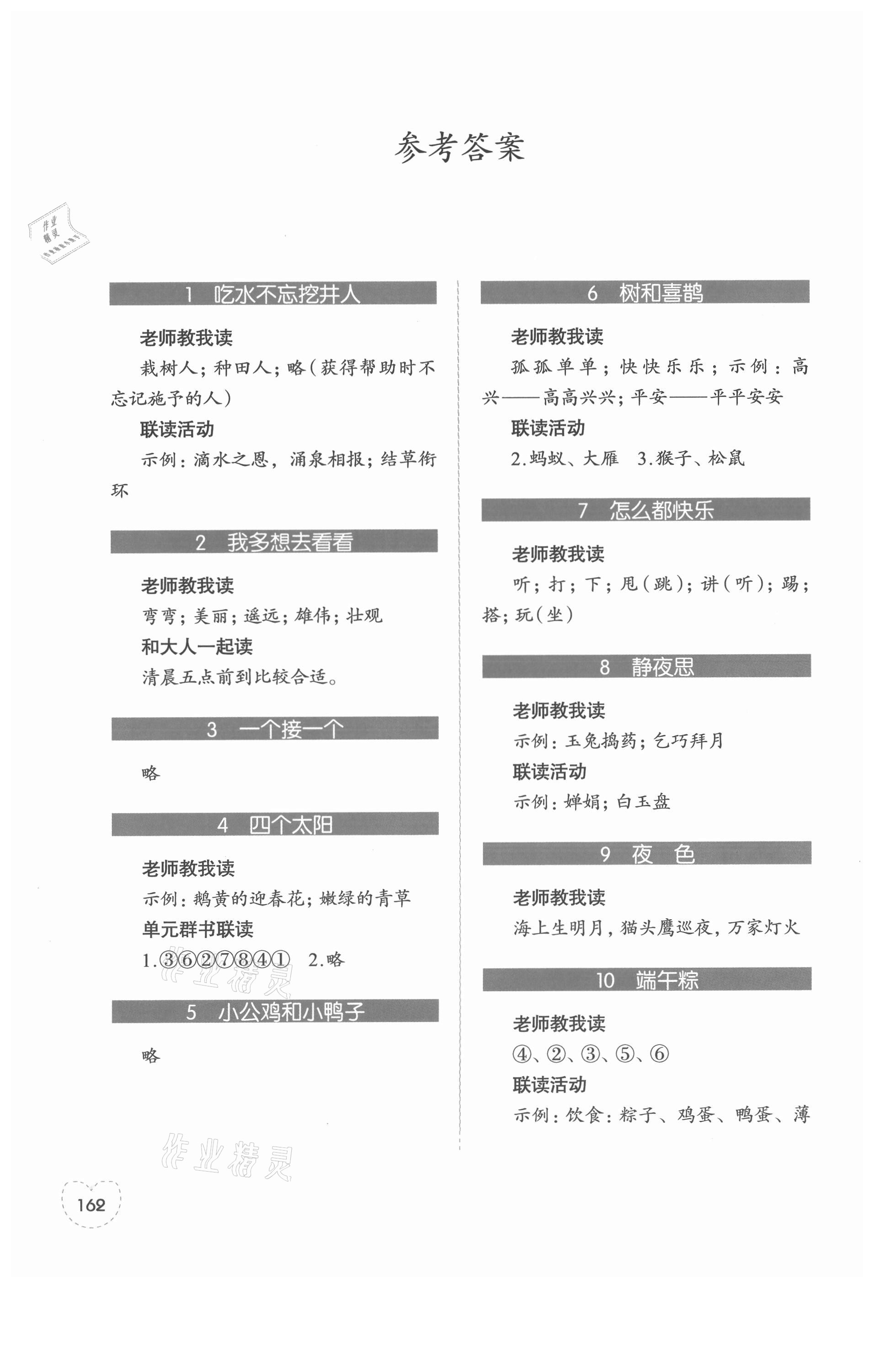 2021年1加X聯讀一年級語文下冊人教版 參考答案第1頁