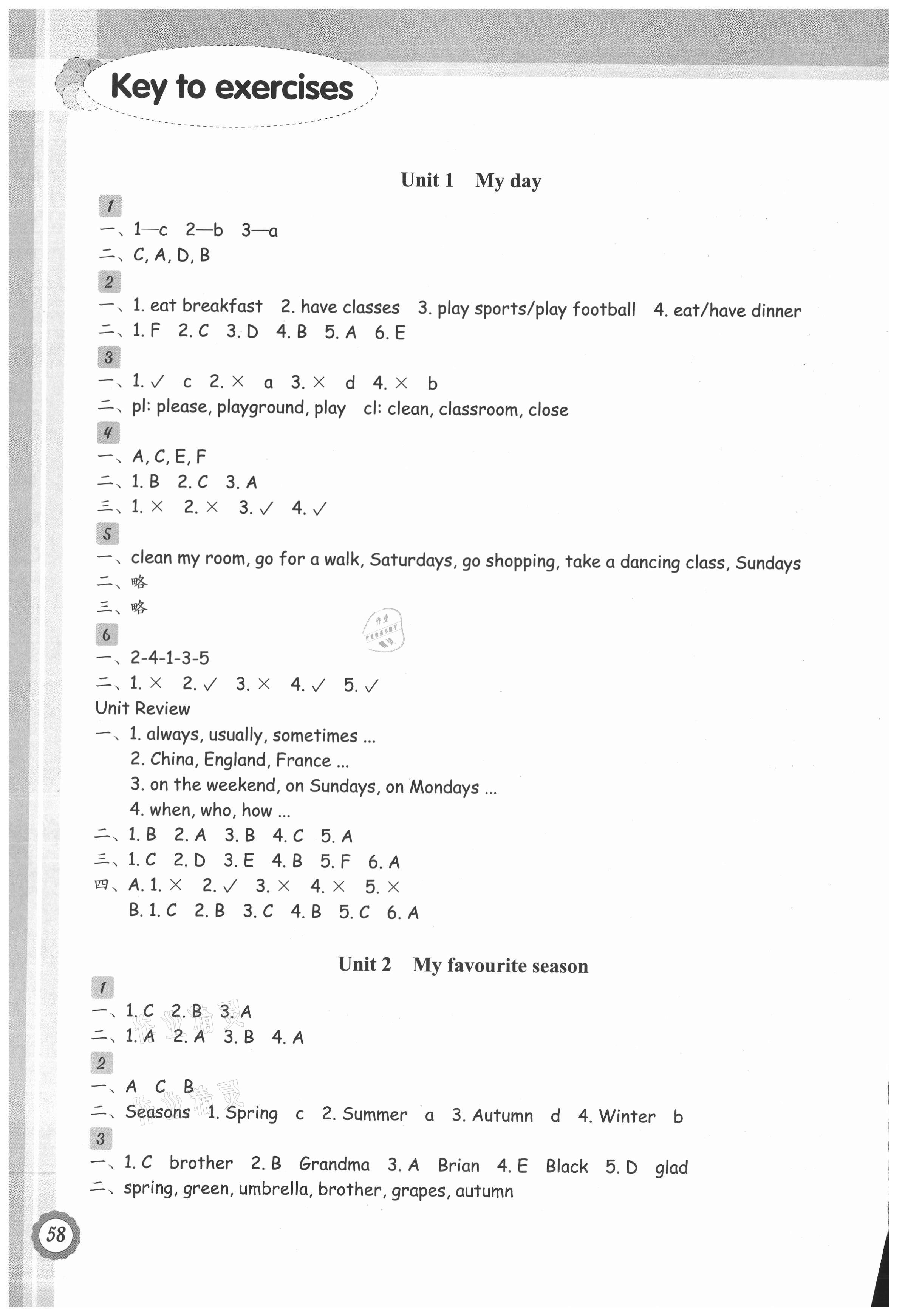 2021年小學(xué)英語讀寫課時特訓(xùn)五年級英語下冊人教PEP版 參考答案第1頁