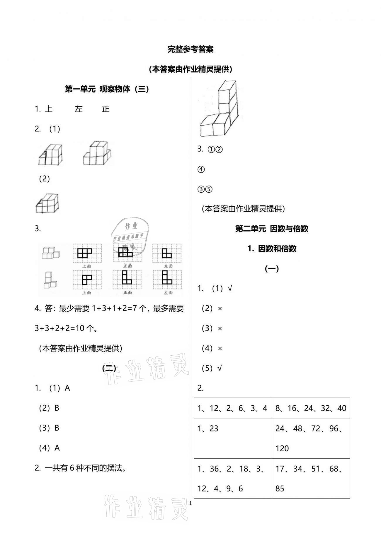 2021年配套練習五年級數(shù)學下冊人教版 參考答案第1頁