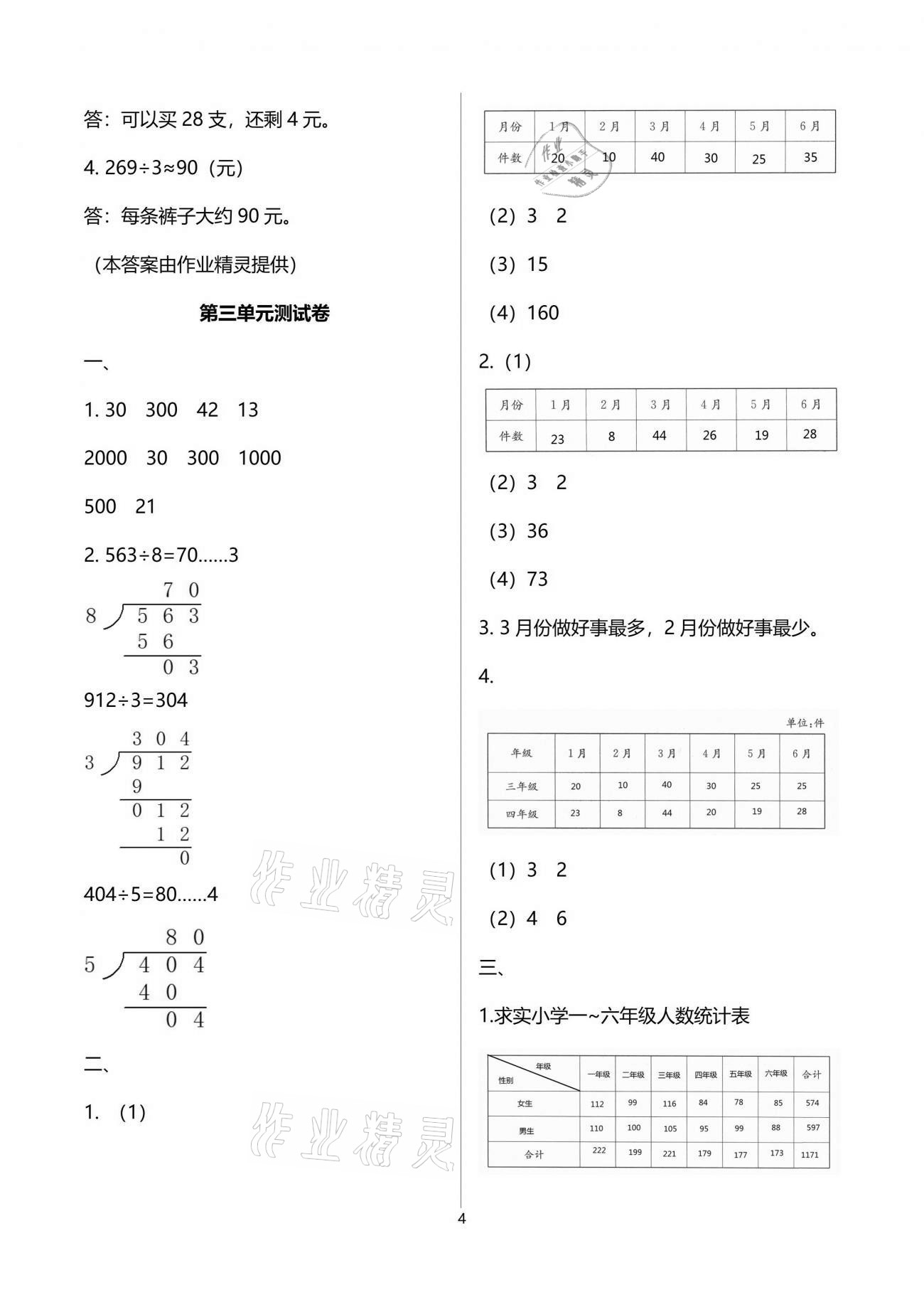 2021年人教金学典同步解析与测评三年级数学下册人教版云南专版 参考答案第4页