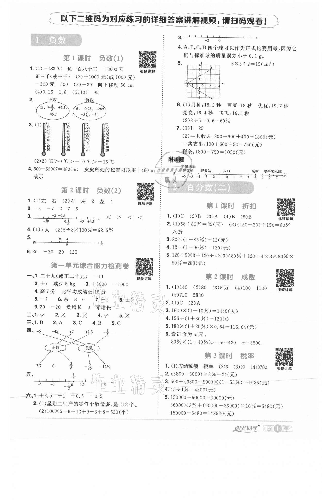 2021年陽光同學(xué)課時優(yōu)化作業(yè)六年級數(shù)學(xué)下冊人教版武漢專版 參考答案第1頁