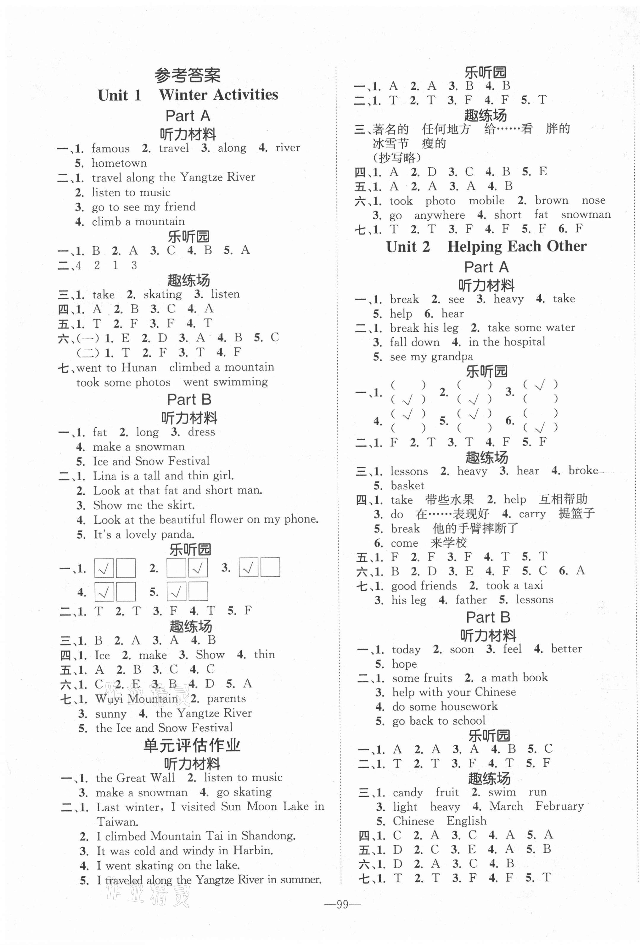 2021年小学1课3练培优作业本六年级英语下册闽教版福建专版 参考答案第1页