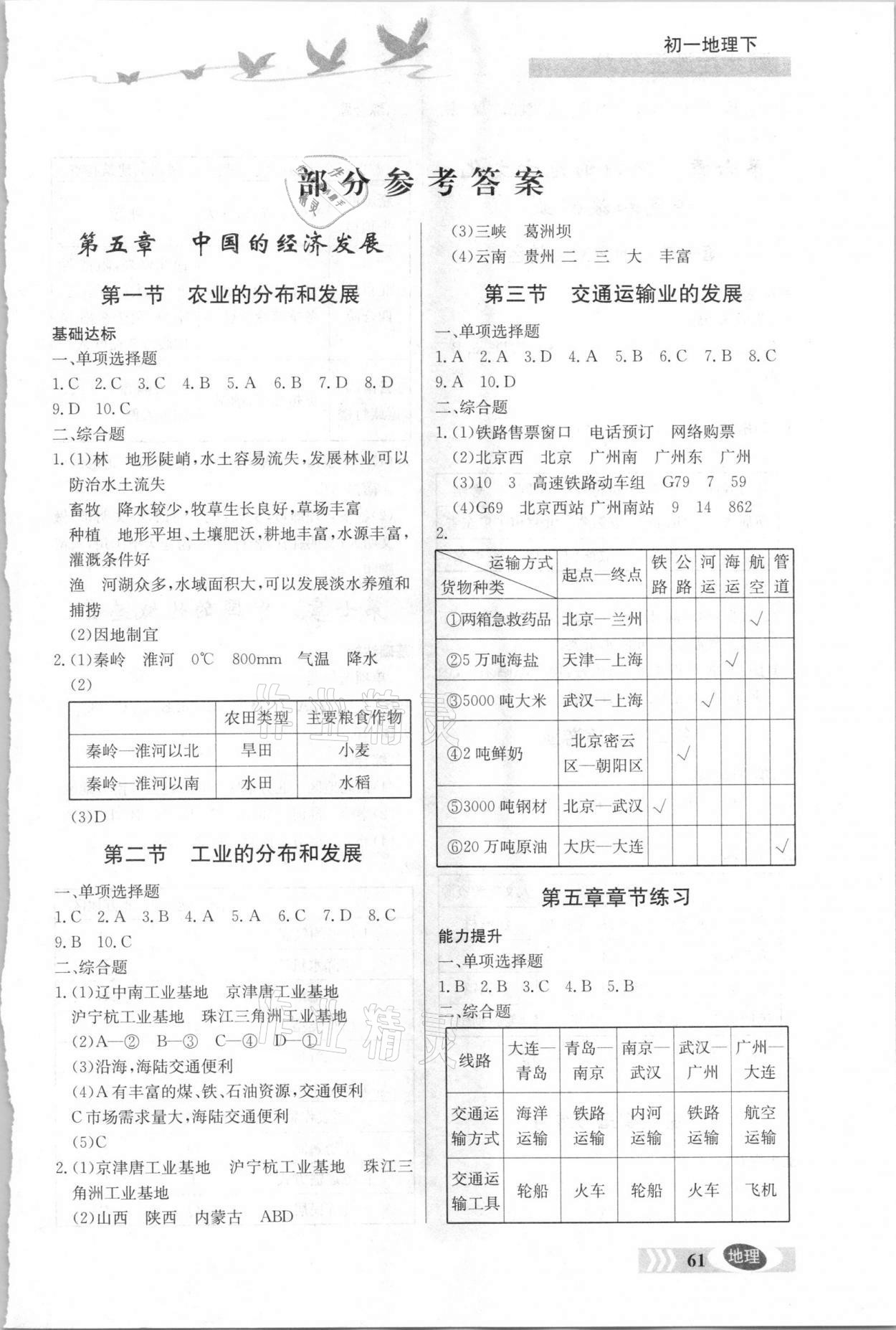 2021年同步检测三级跳初一地理下册中图版 参考答案第1页