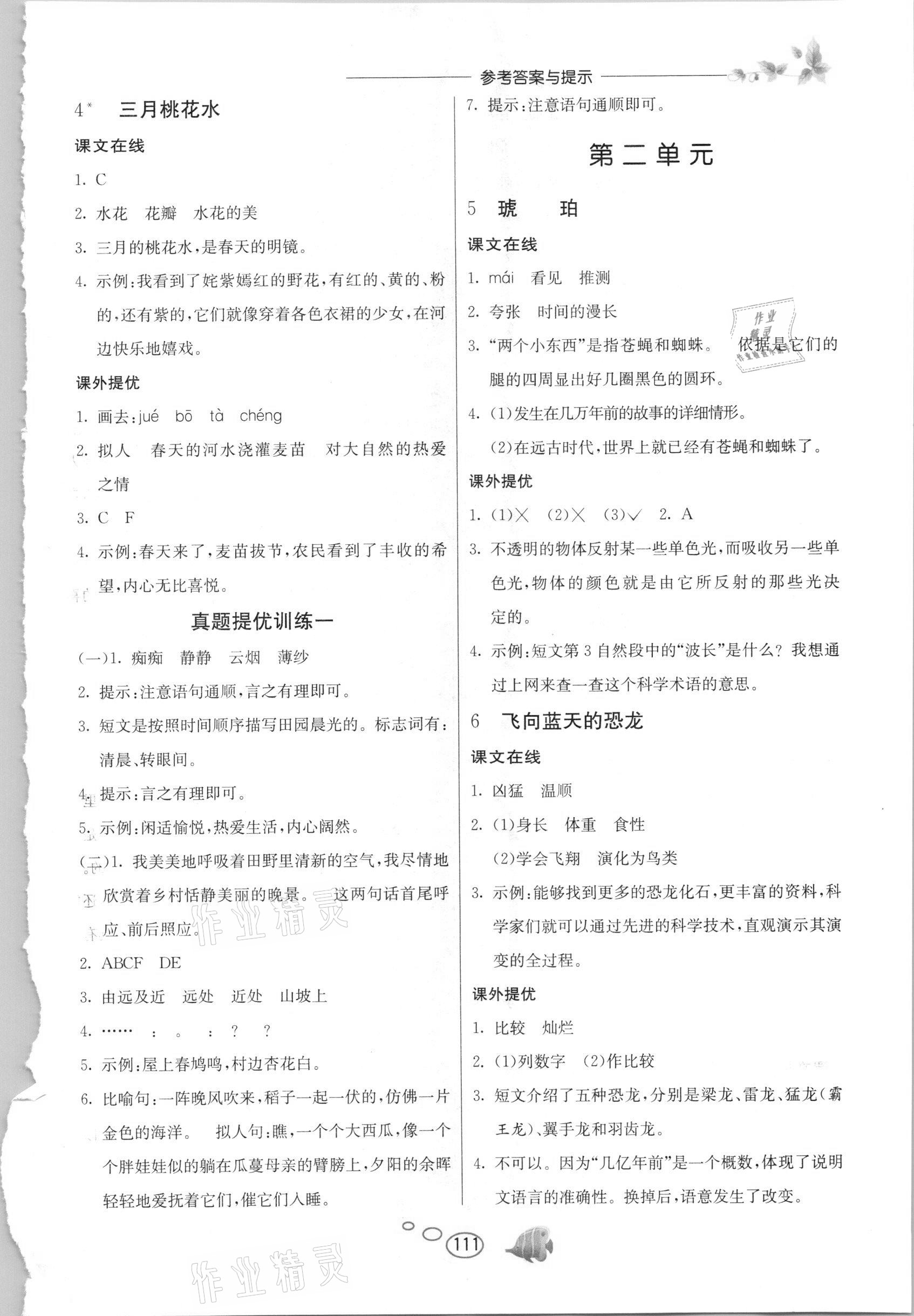 2021年实验班语文同步提优阅读与训练四年级下册人教版 参考答案第2页