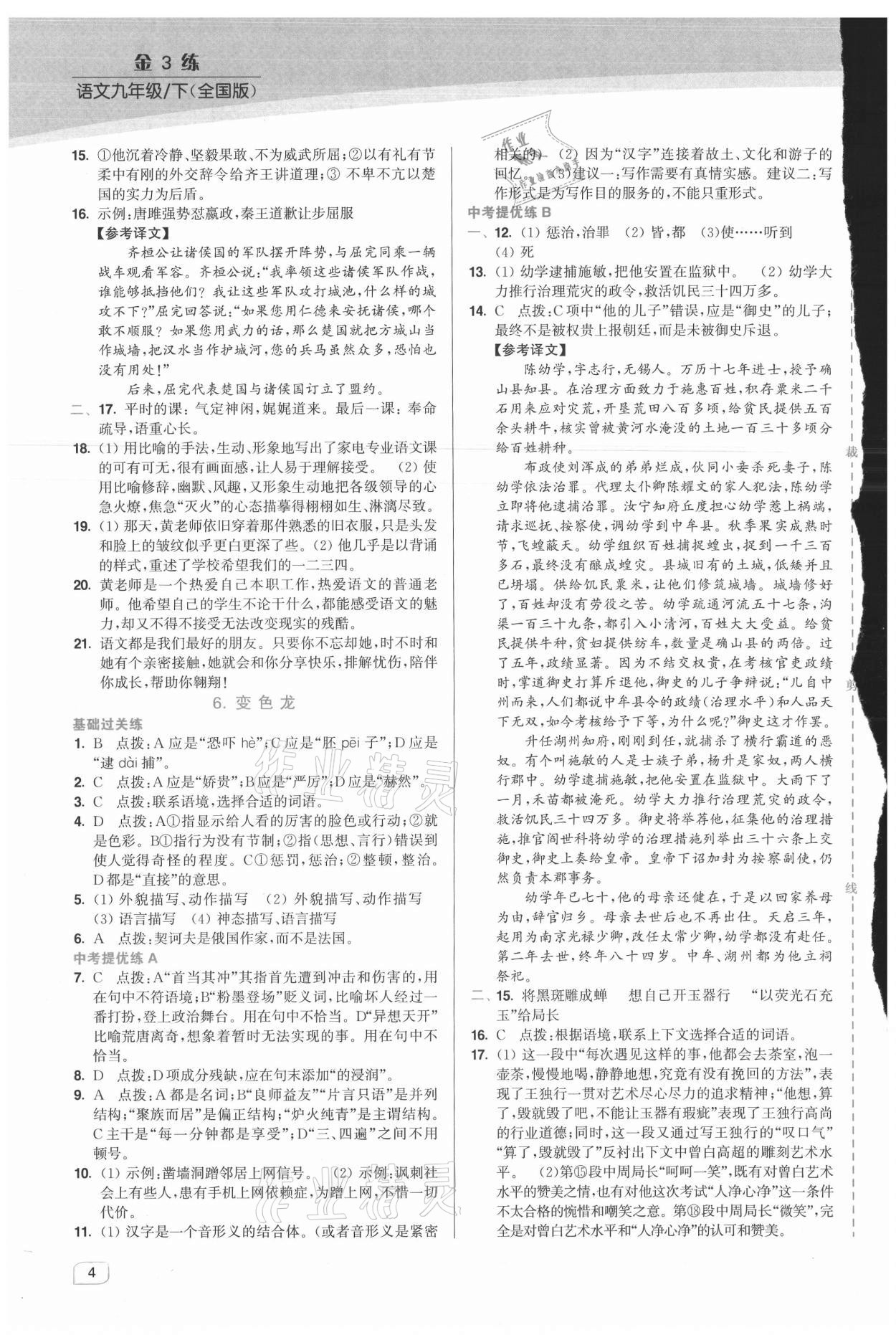 2021年金3练九年级语文下册人教版 第4页