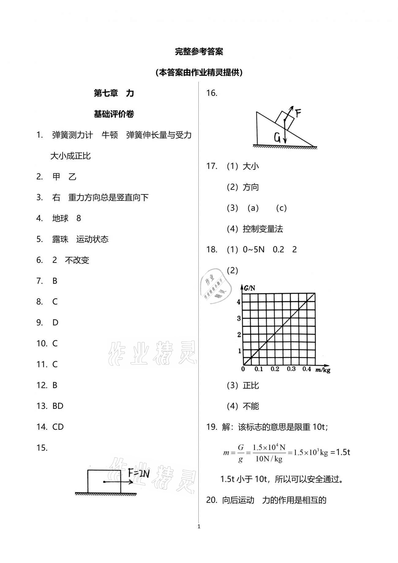 2021年新课标节节高单元评价与阶段月考试卷八年级物理下册人教版 参考答案第1页