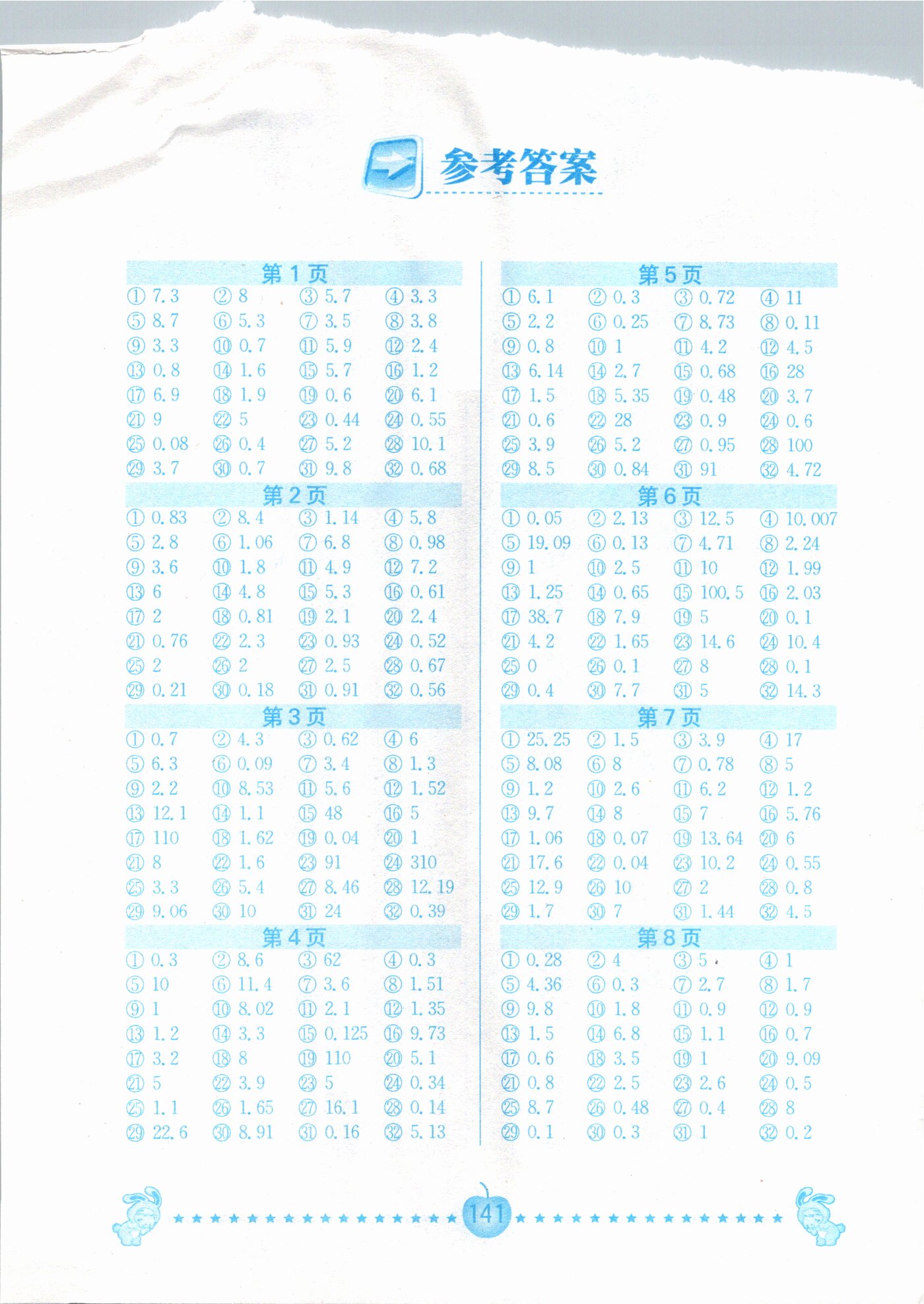 2021年超能学典小学数学口算题卡五年级下册人教版 参考答案第1页