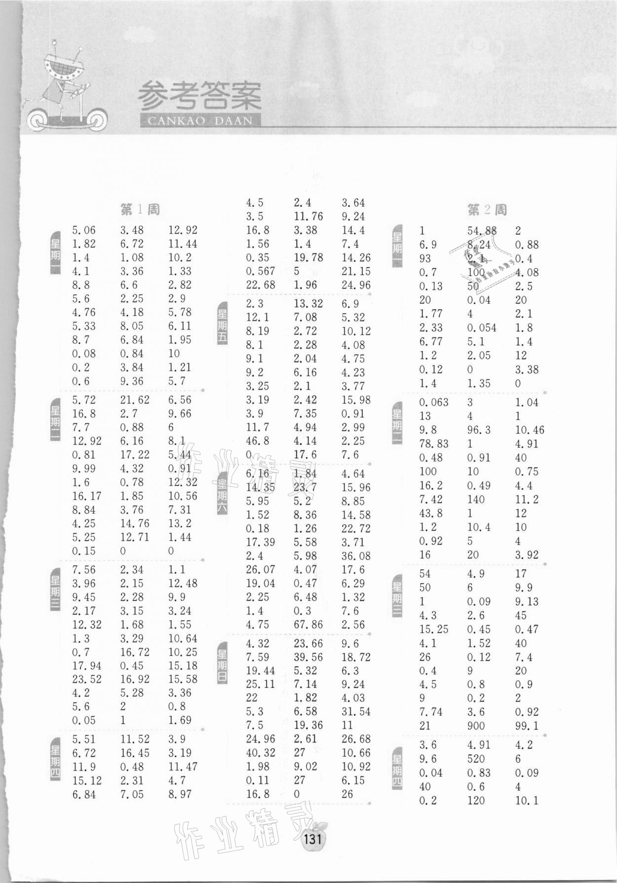 2021年小学数学计算高手五年级下册人教版 参考答案第1页