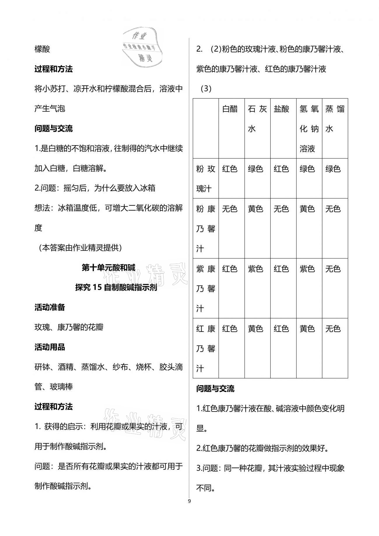 2021年探究活動報告冊九年級化學下冊人教版雙色版 參考答案第9頁