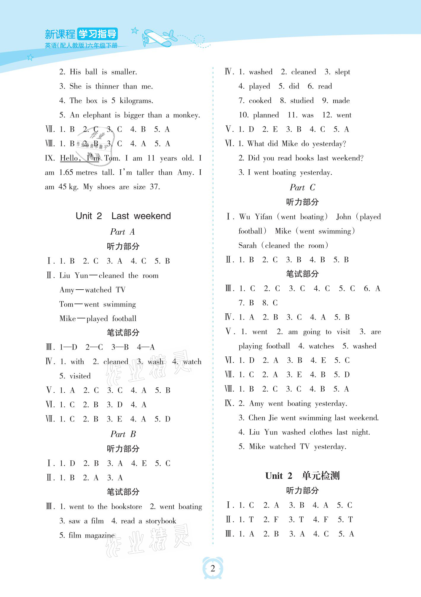 2021年新課程學(xué)習(xí)指導(dǎo)六年級英語下冊人教版海南出版社 參考答案第2頁