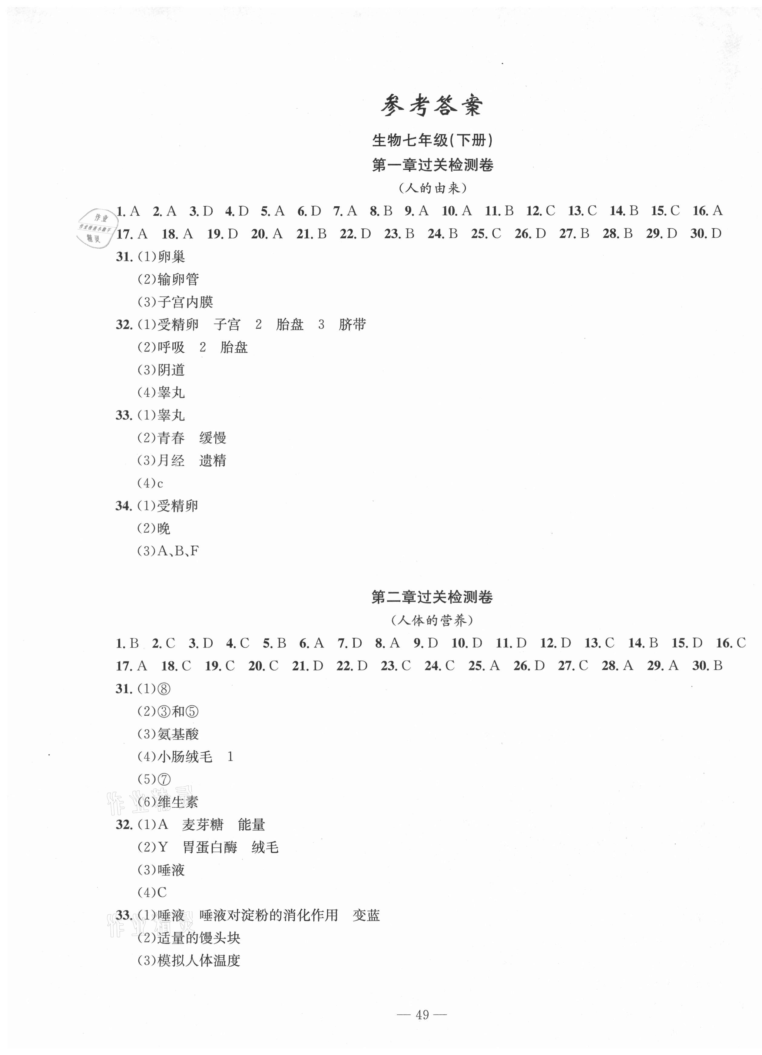 2021年智慧课堂密卷100分单元过关检测七年级生物下册人教版 第1页