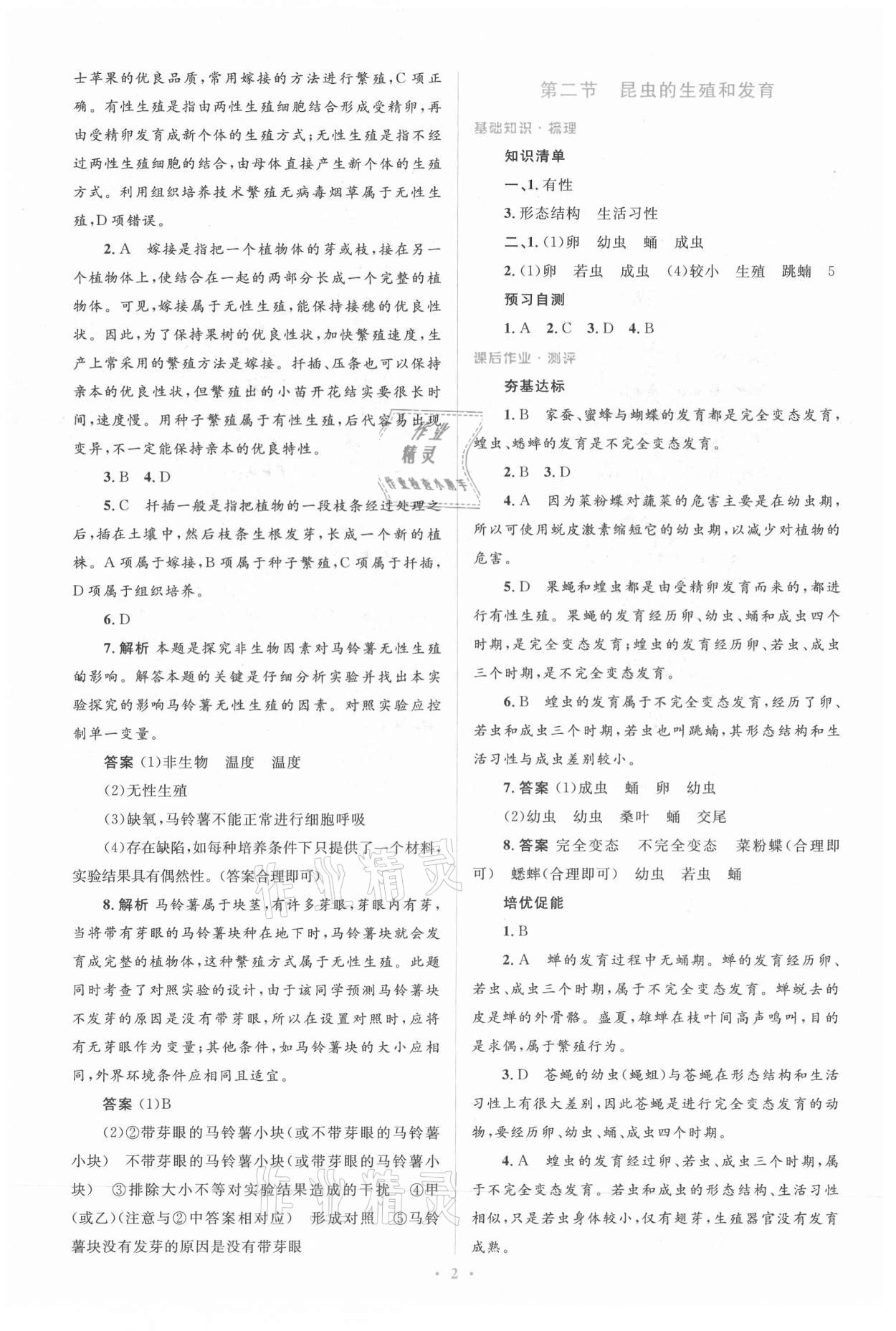 2021年人教金學(xué)典同步解析與測評學(xué)考練八年級生物學(xué)下冊人教版 參考答案第2頁