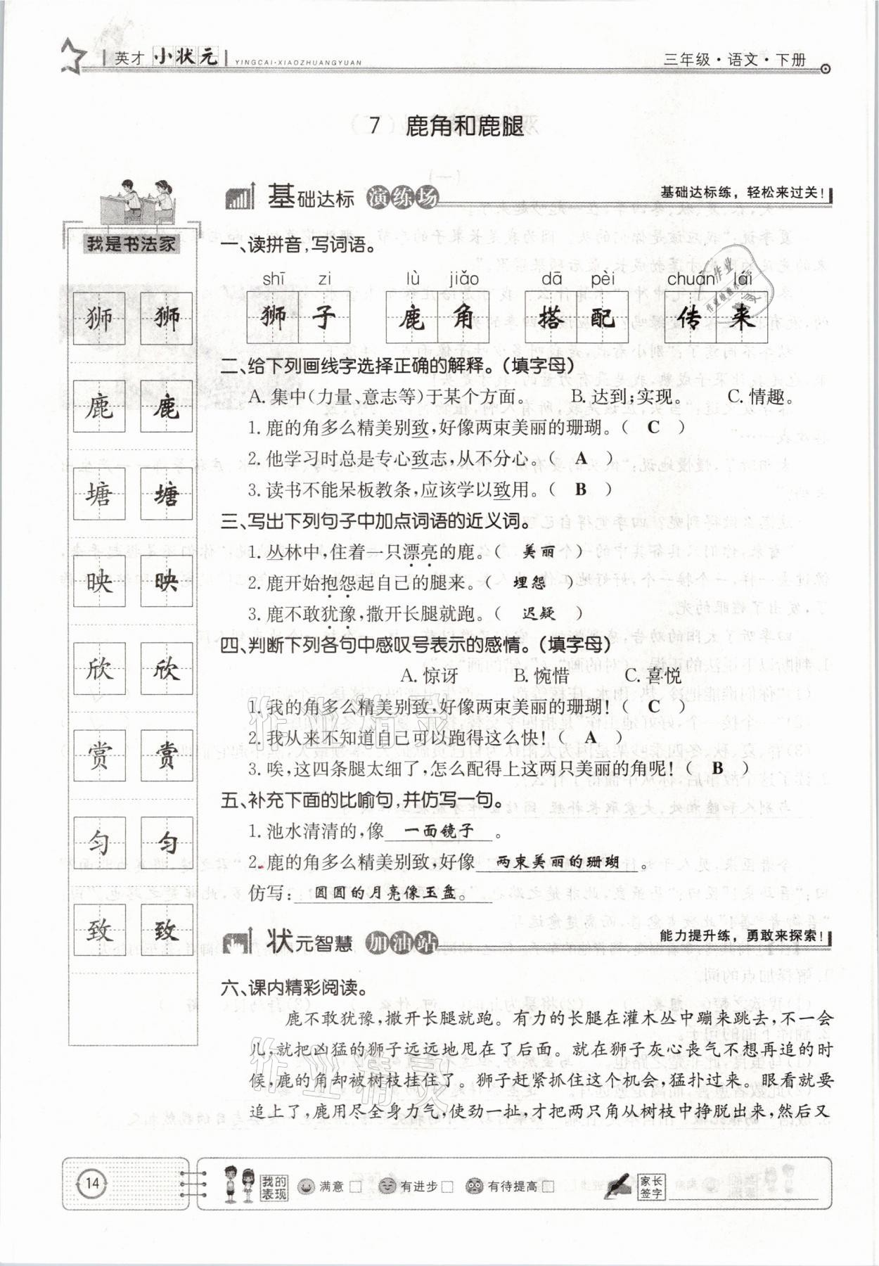 2021年英才小狀元三年級(jí)語文下冊(cè)人教版 參考答案第14頁